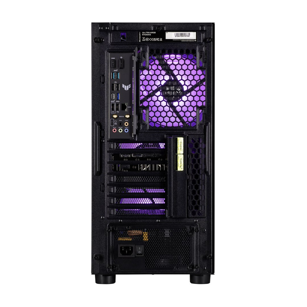 Vista posteriore di un case per computer nero con ventole LED viola e porte.