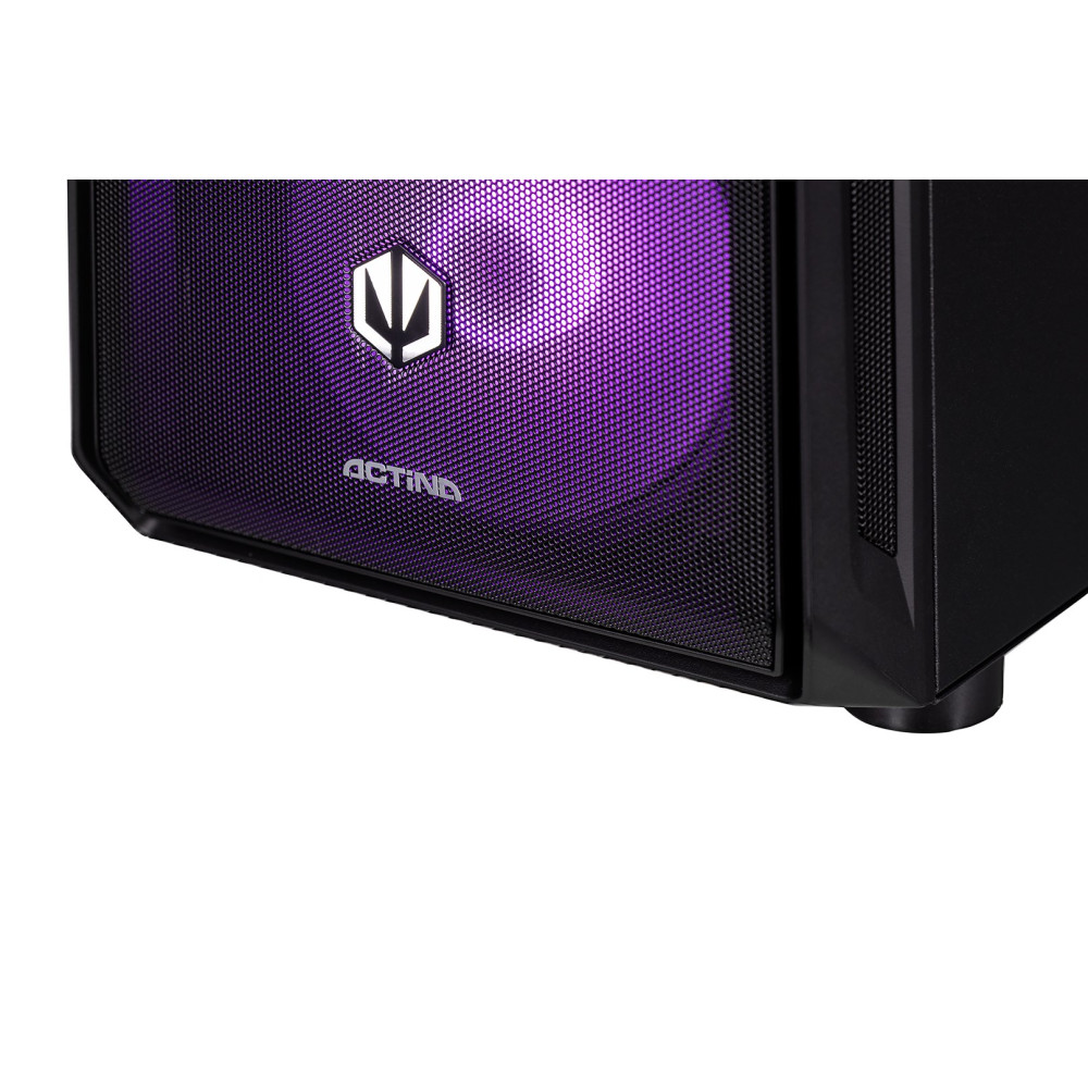 Case PC nero con illuminazione LED viola e logo.