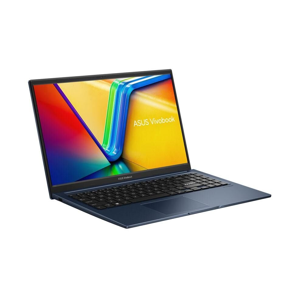 Renkli ekranlı mavi bir ASUS Vivobook dizüstü bilgisayar gösteriliyor.