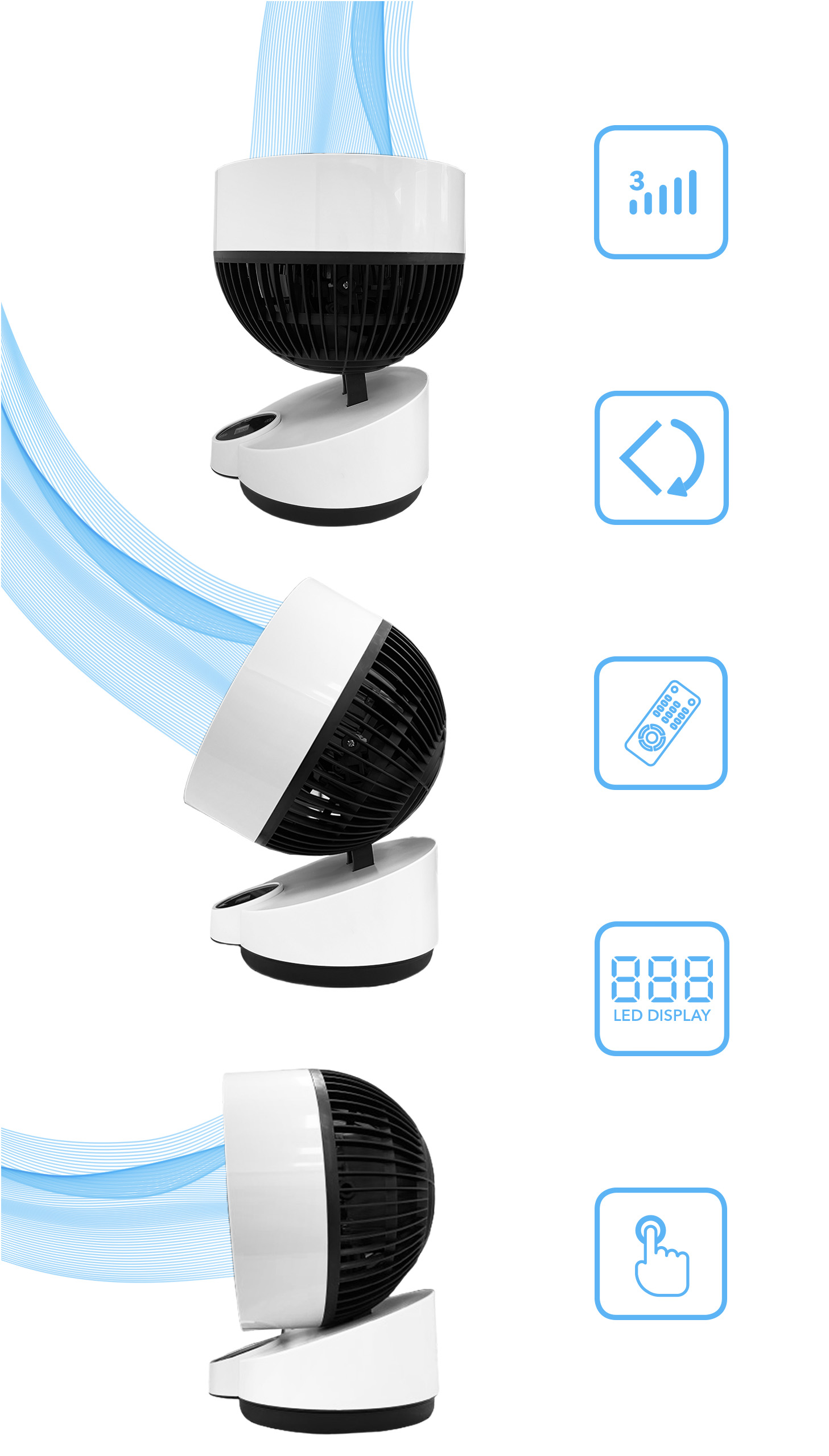 Biały wentylator z czarną kratką i niebieskimi strumieniami powietrza. Ikony pokazują moc, obrót, pilota i dotyk.