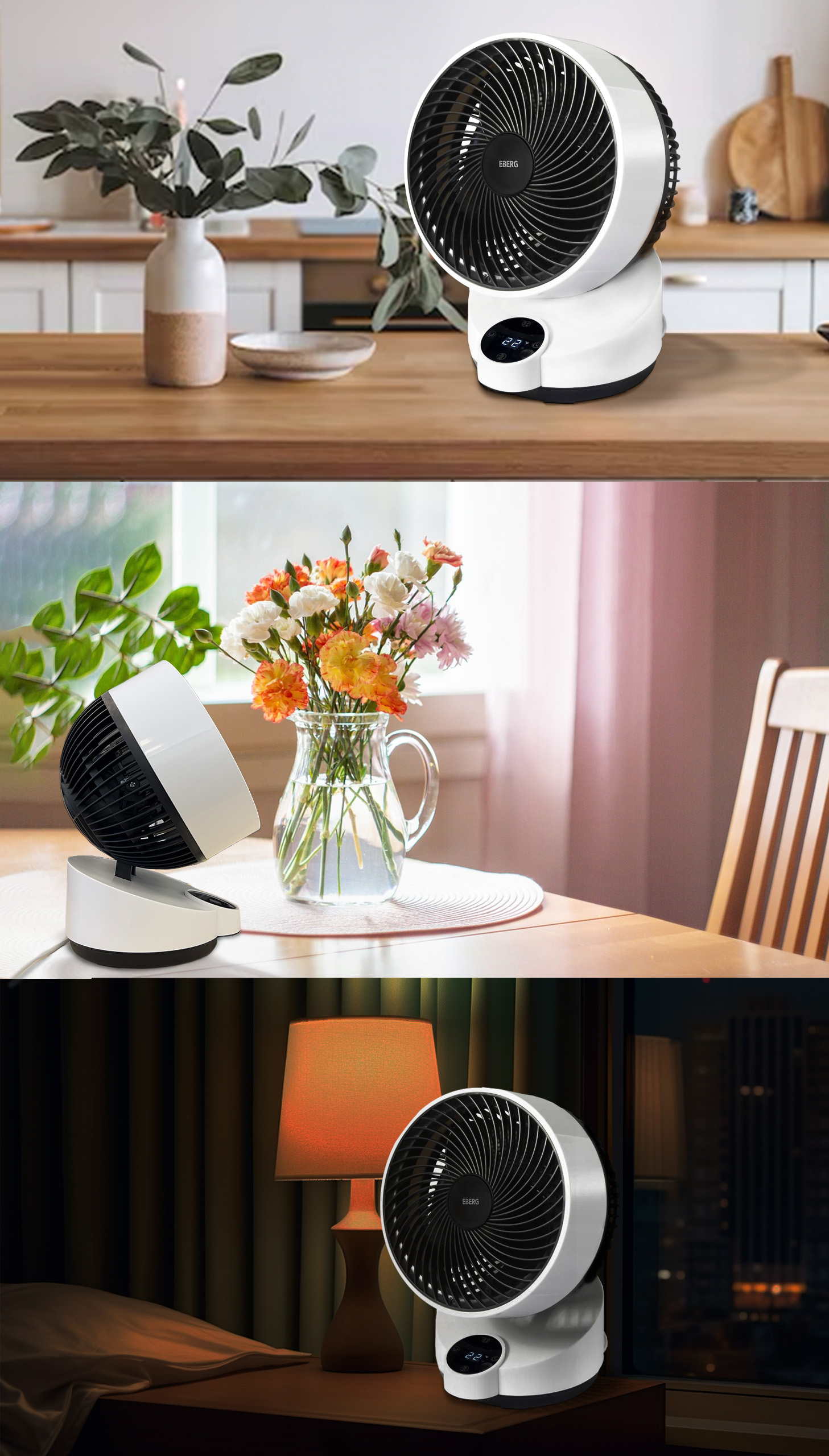 Biały wentylator oscylacyjny na drewnianym stole z wazonem zielonych liści i małą miseczką.