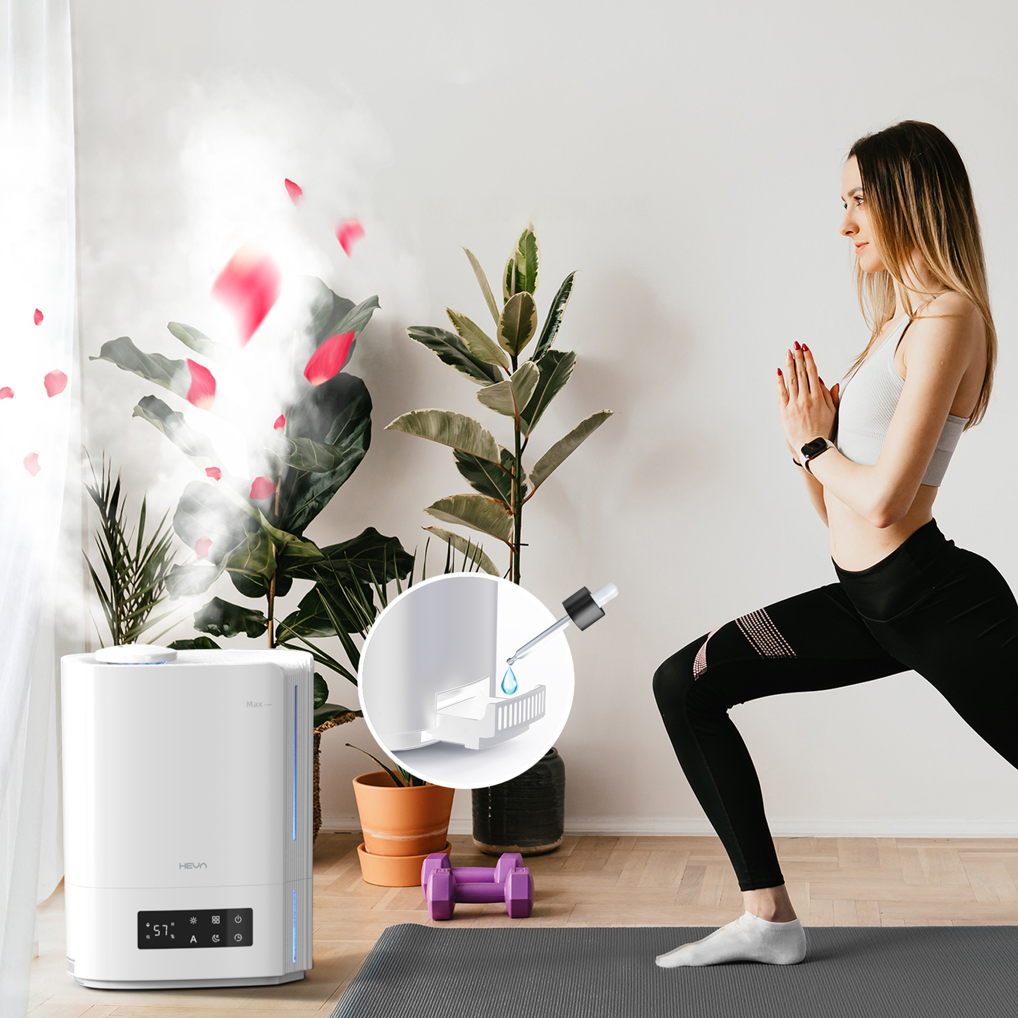 Kobieta w stroju sportowym ćwiczy jogę obok białego nawilżacza powietrza.