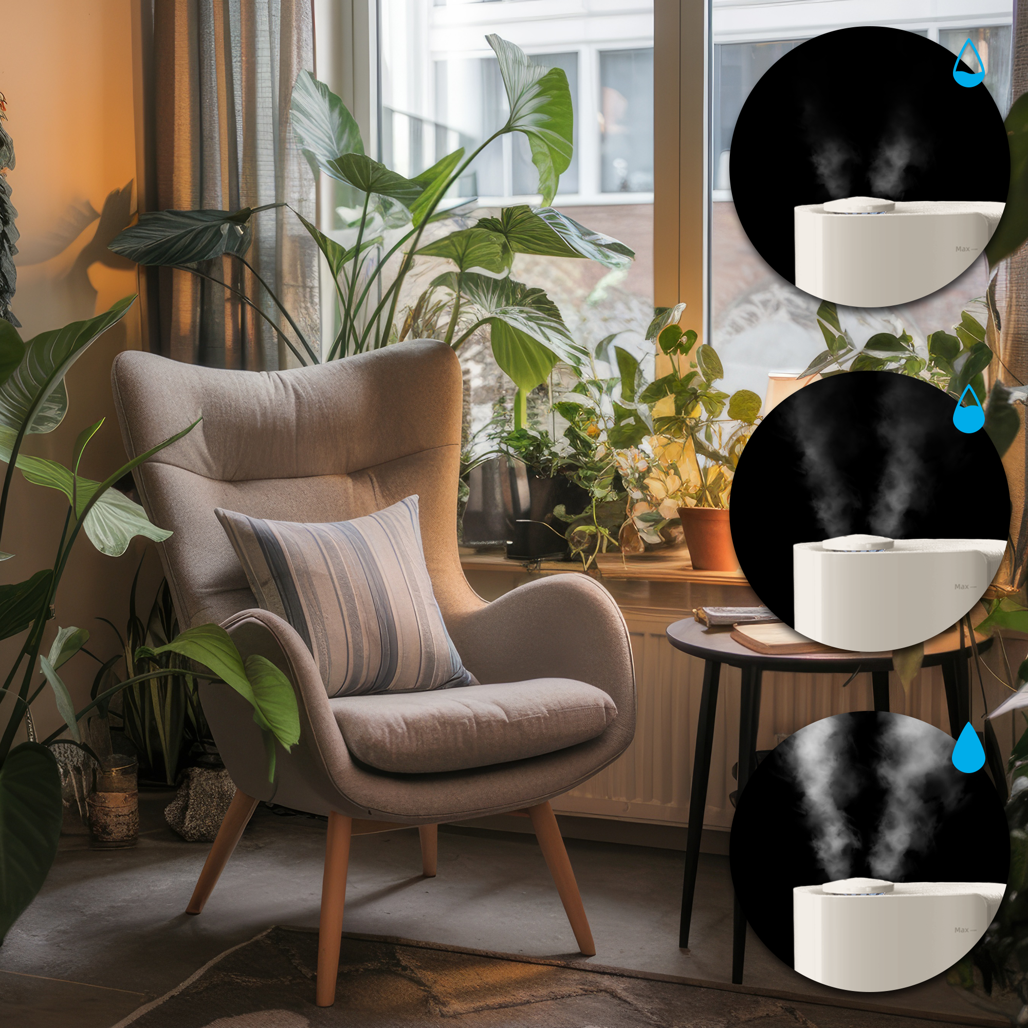 Szara fotela z poduszką w paski, otoczona roślinami, z nawilżaczem w oknie.