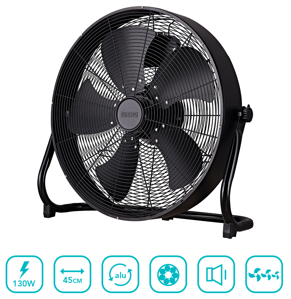Czarny wentylator podłogowy z 5 łopatkami i metalową kratką. 130W, 45cm.