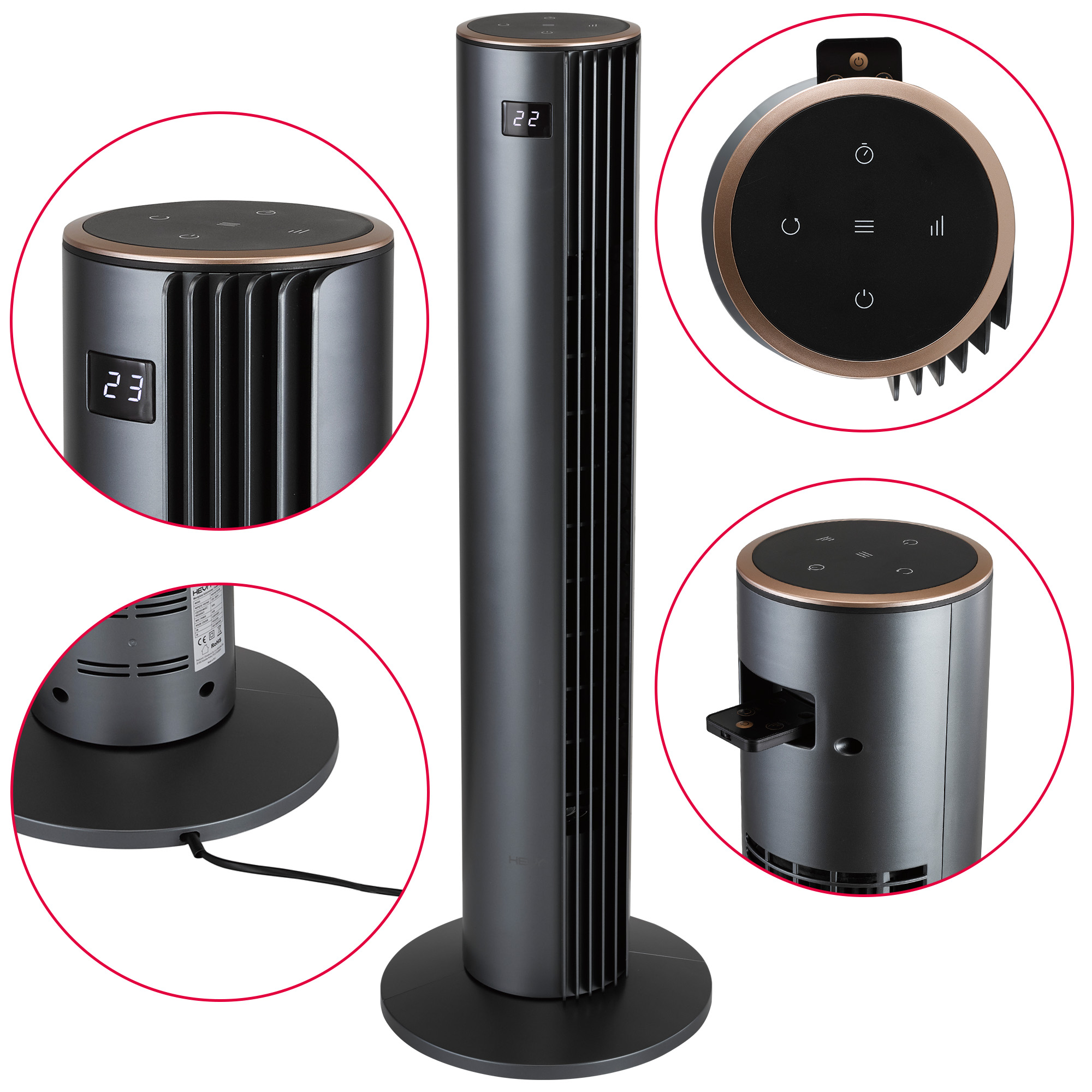 Ciemny wentylator wieżowy ze złotymi akcentami i cyfrowymi wyświetlaczami.