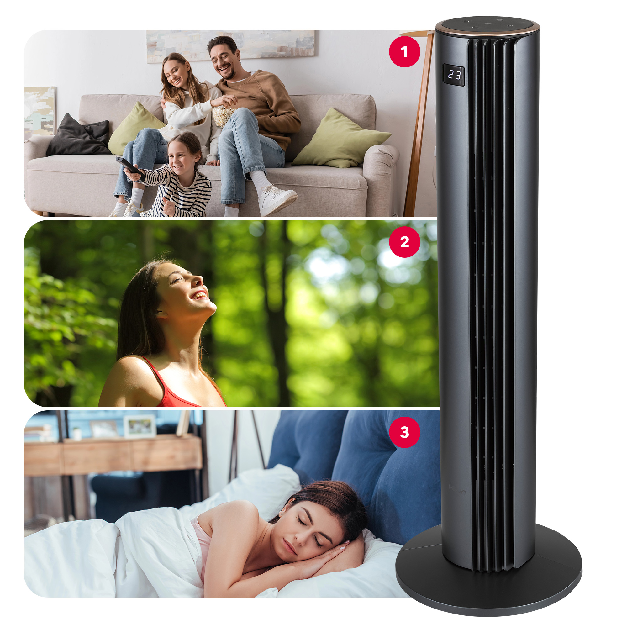 Rodzina ogląda TV, kobieta cieszy się naturą, kobieta śpi.