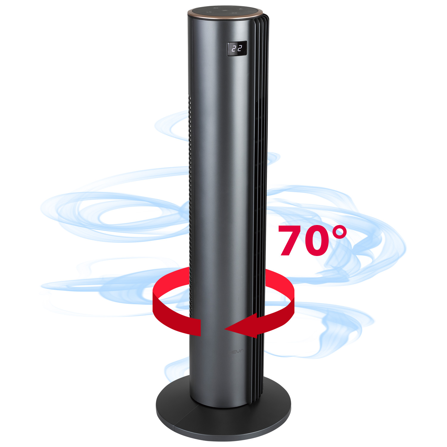 Smukły, ciemny wentylator wieżowy pokazuje '22' i obraca się o 70°, z niebieskimi zwojami powietrza.