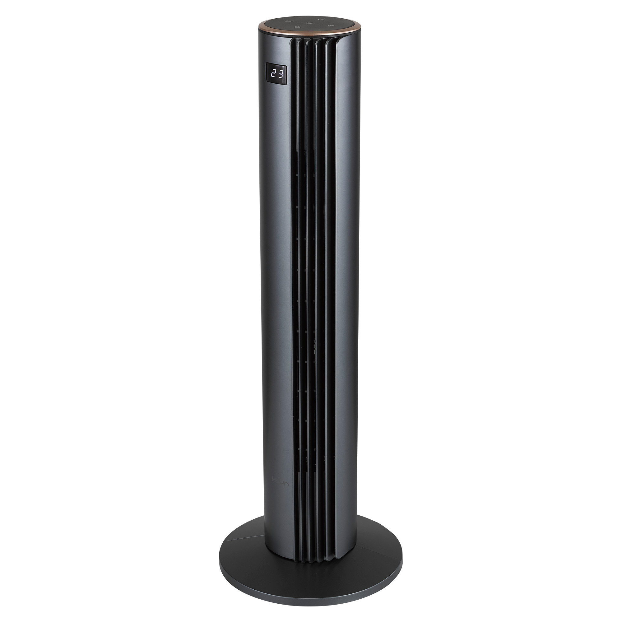 Wysoki, ciemny wentylator wieżowy z cyfrowym wyświetlaczem i brązowym pierścieniem.