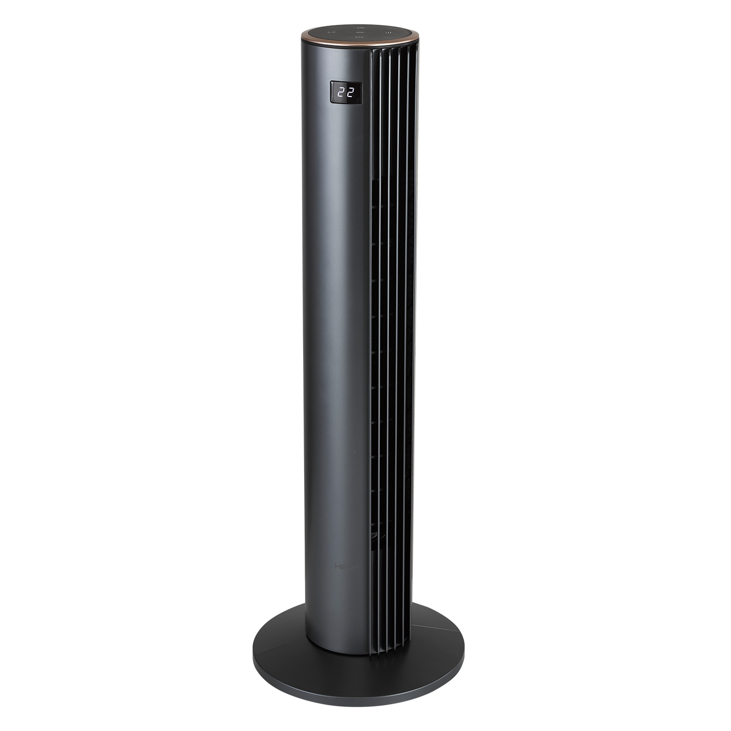 Elegancki, ciemny wentylator wieżowy z okrągłą podstawą i cyfrowym wyświetlaczem.