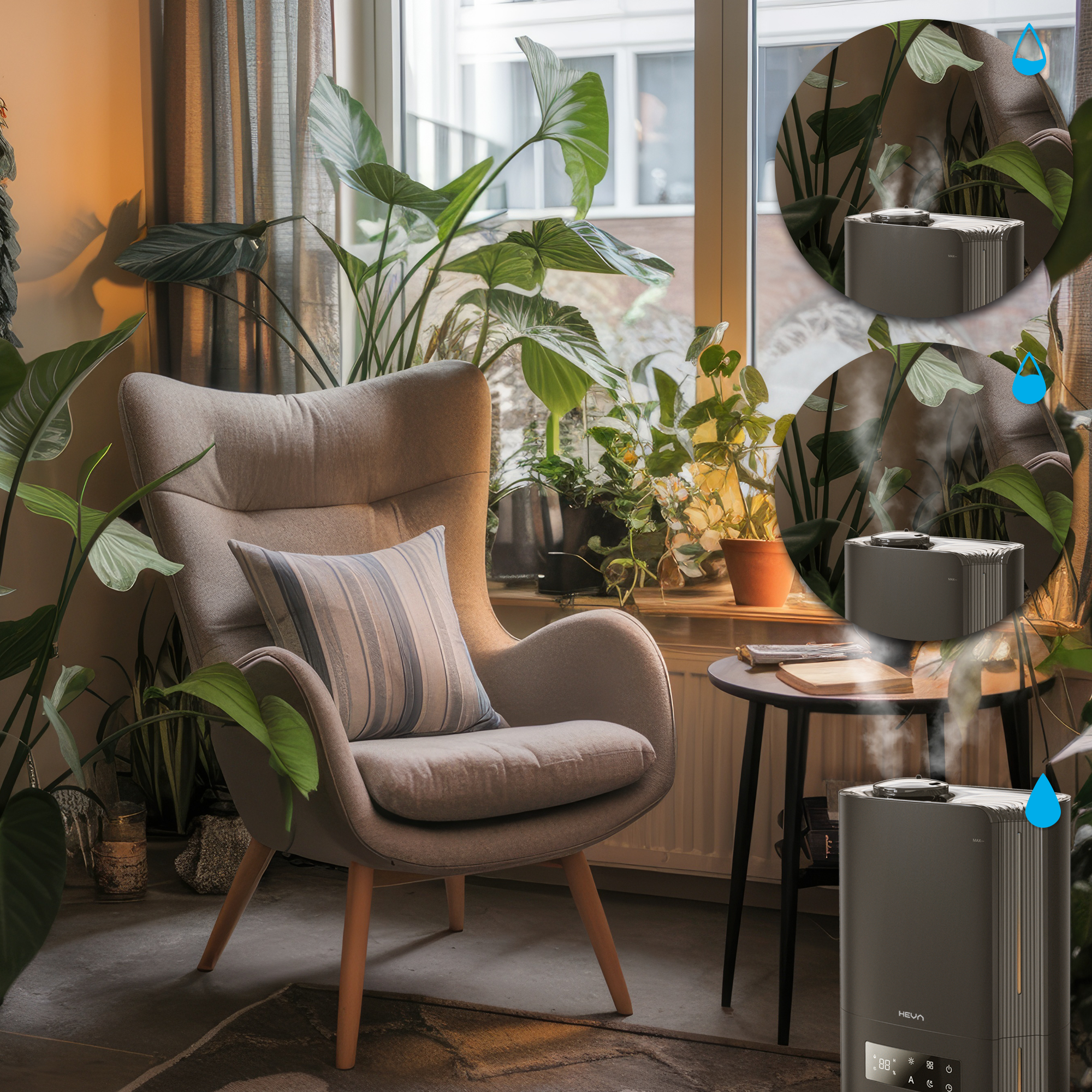 Szara fotel obok stołu z nawilżaczem powietrza, otoczony roślinami.