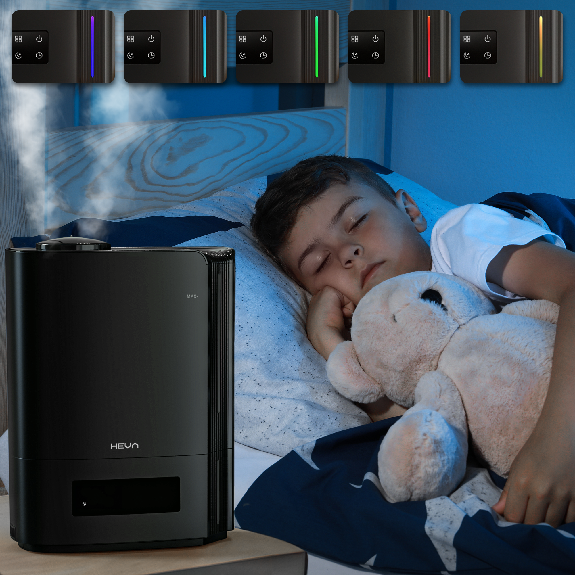 Chłopiec śpi obok nawilżacza powietrza emitującego mgiełkę.