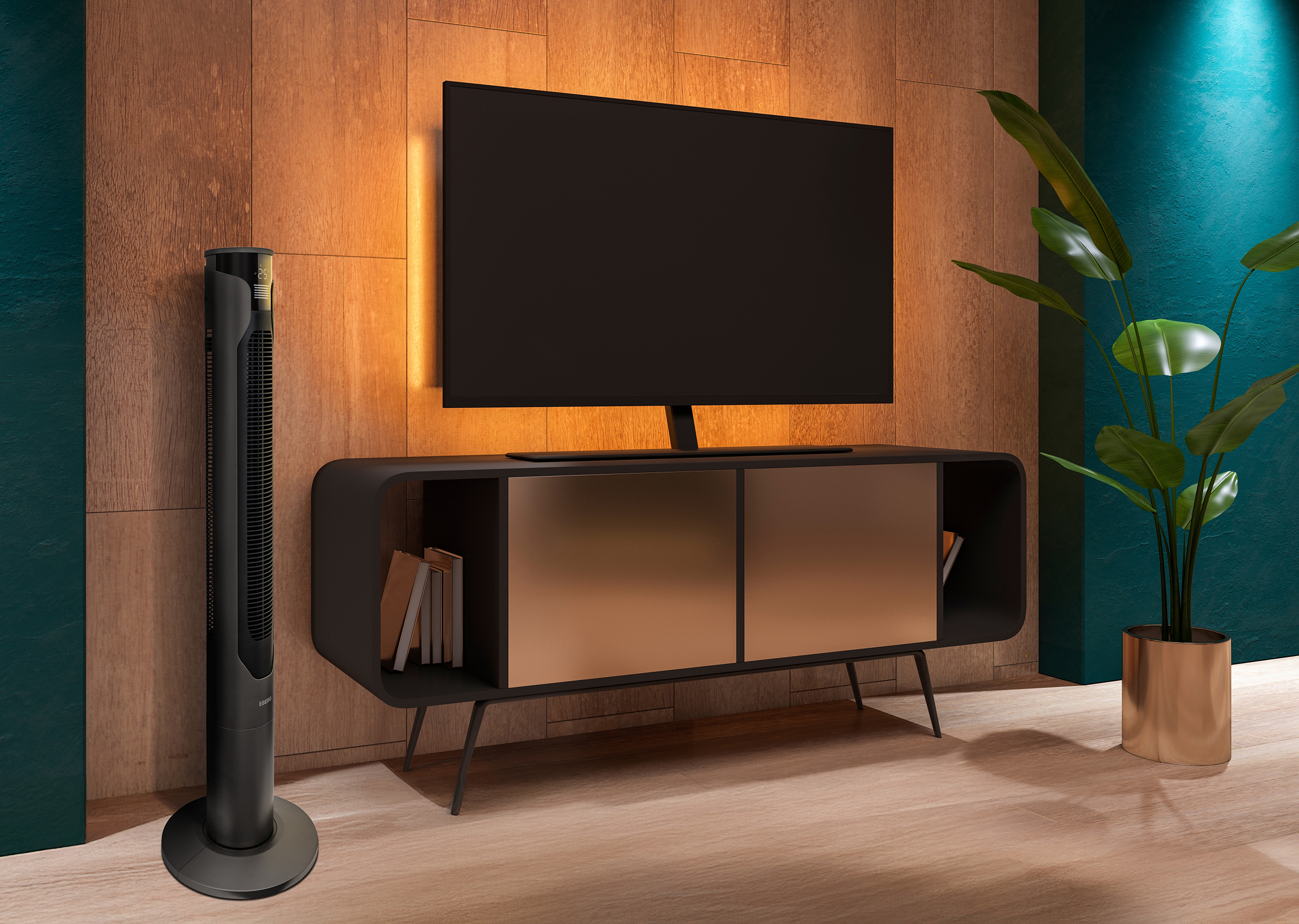 Czarny wentylator wieżowy, telewizor na szafce RTV i roślina w doniczce.