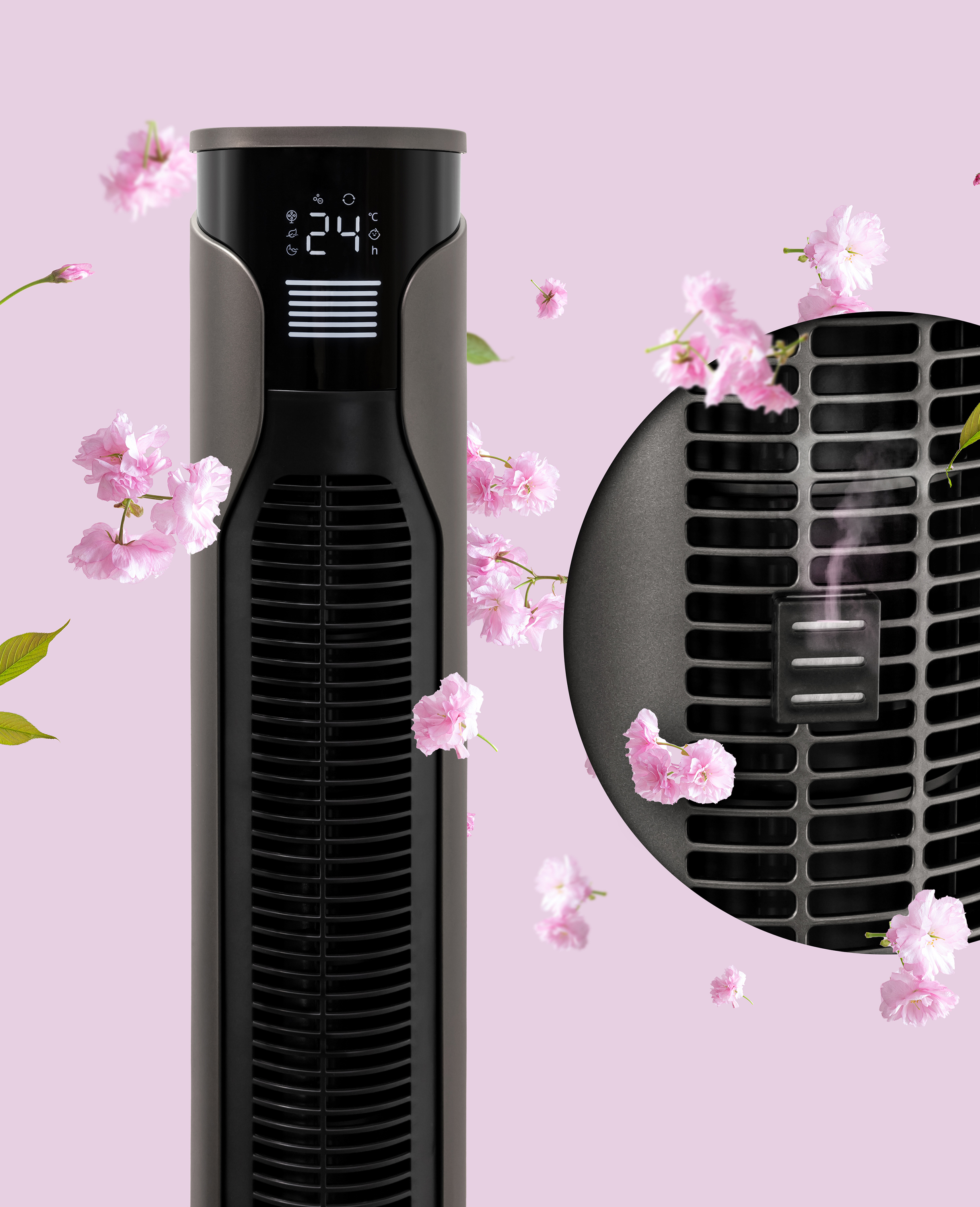 Elegancki czarny wentylator wieżowy z cyfrowym wyświetlaczem, otoczony różowymi kwiatami wiśni na jasnoróżowym tle.