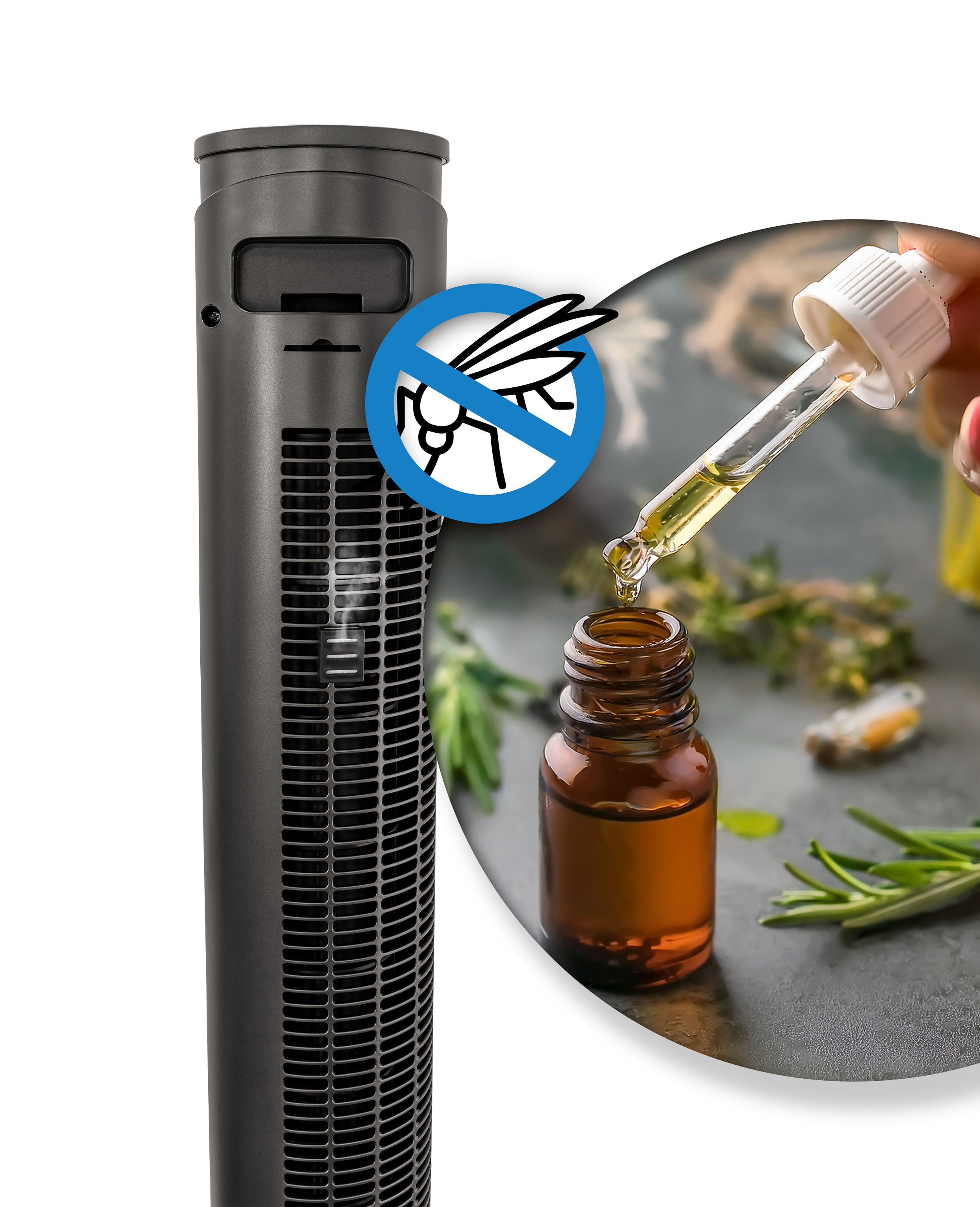 Czarna pułapka na komary obok buteleczki z olejkiem i ziołami.