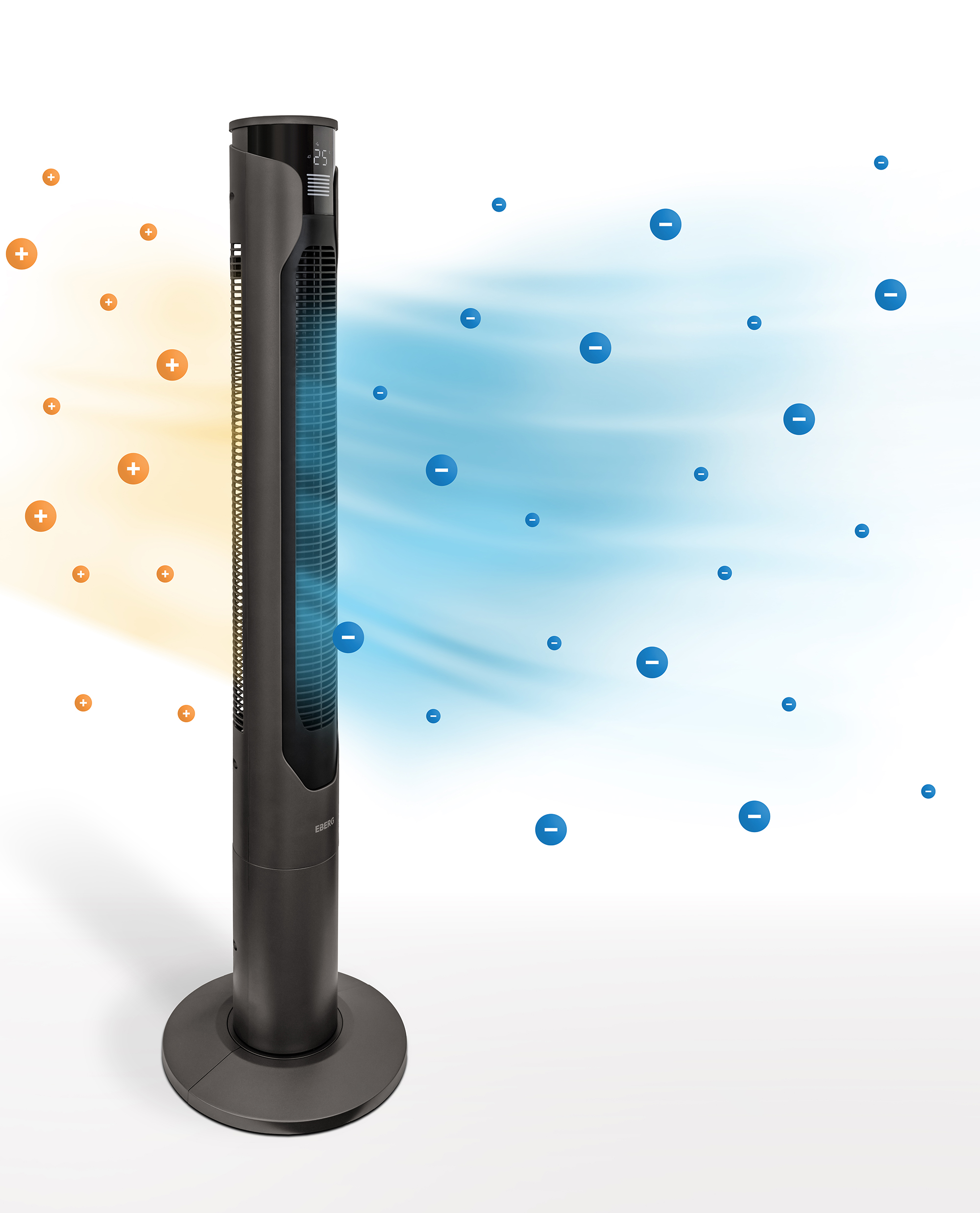 Czarny wentylator wieżowy emitujący jony dodatnie i ujemne.