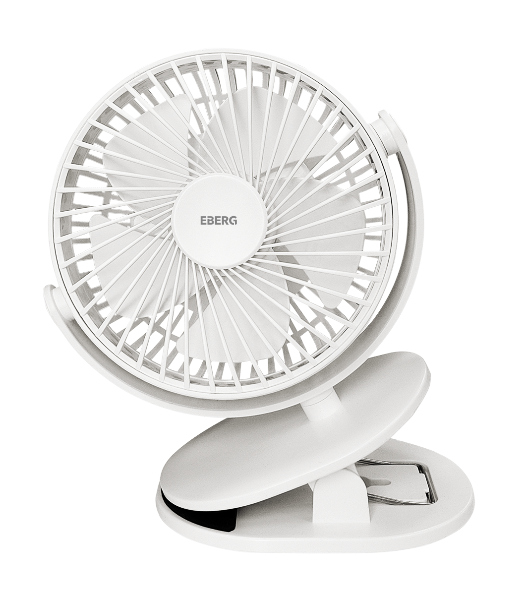 Biały wentylator biurkowy z zaciskiem i nazwą marki EBERG pośrodku.