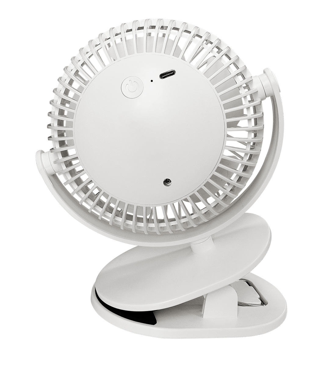 Biały przenośny wentylator z portem USB i klipsową podstawą.