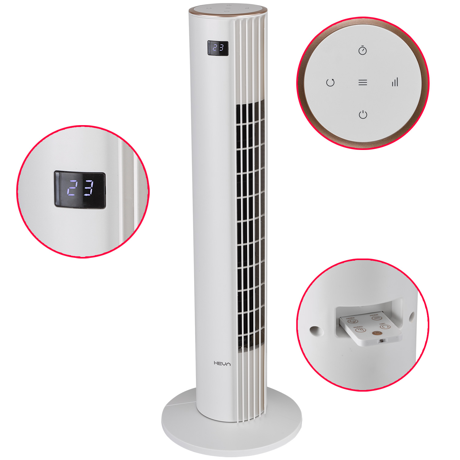 Biały wentylator wieżowy z cyfrowymi wyświetlaczami i pilotem.