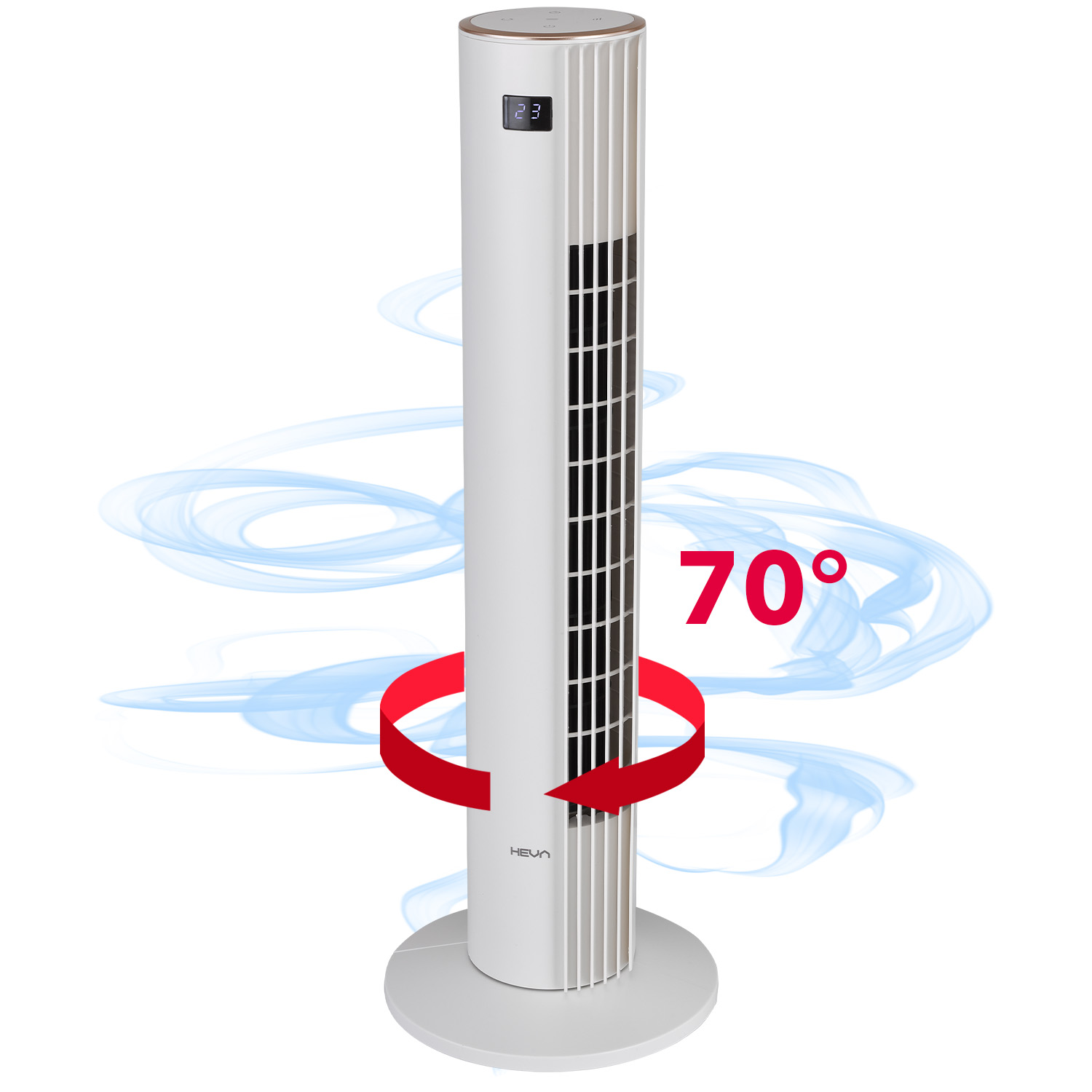 Biały wentylator wieżowy z czerwoną strzałką wskazującą obrót o 70°.