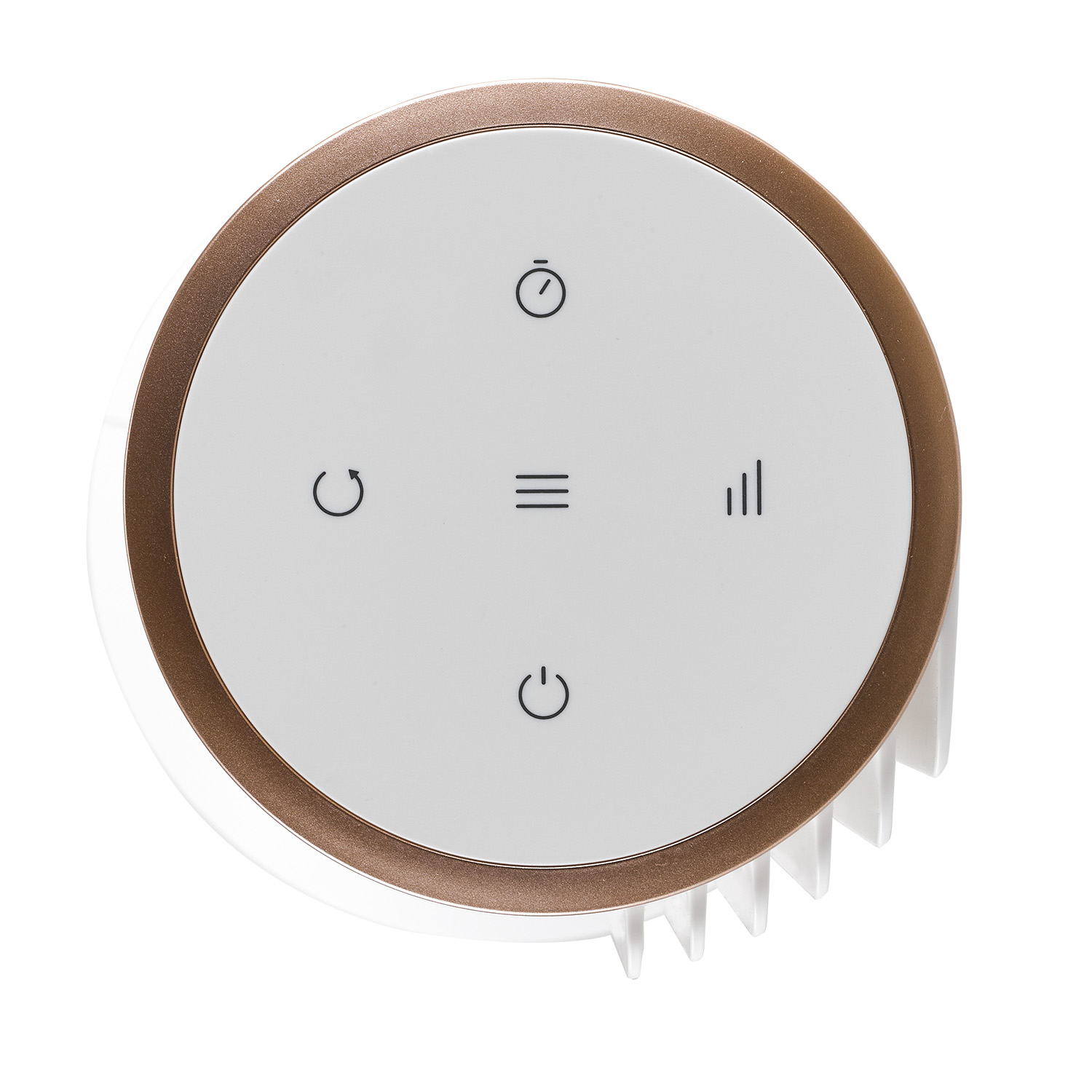 Biały panel sterowania z ikonami timera, menu, sygnału i zasilania.