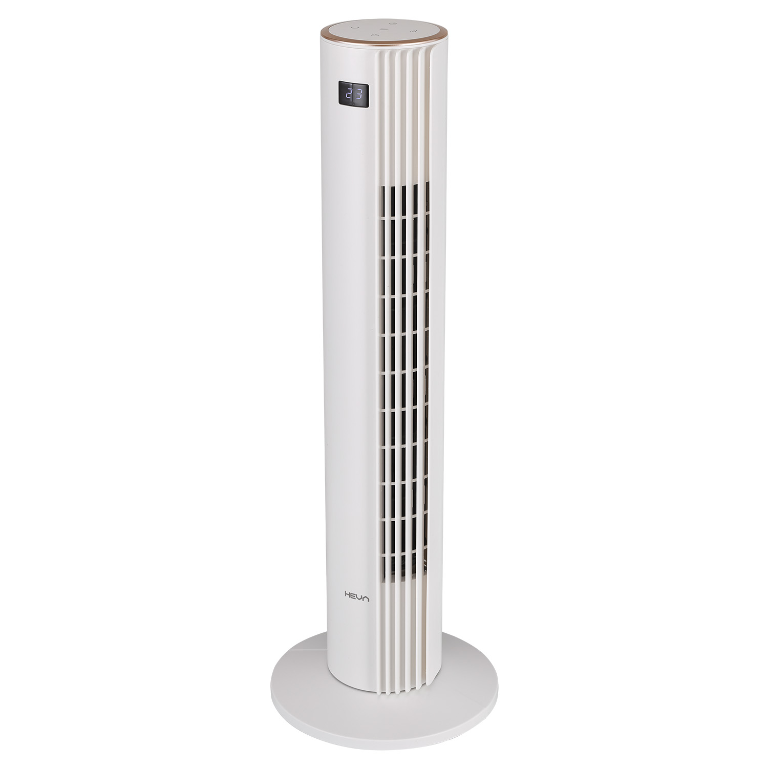 Biały wentylator wieżowy z cyfrowym wyświetlaczem i okrągłymi przyciskami.