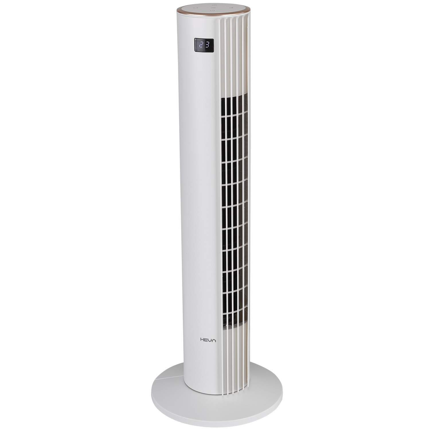 Elegancki, biały wentylator wieżowy z cyfrowym wyświetlaczem i złotymi akcentami.