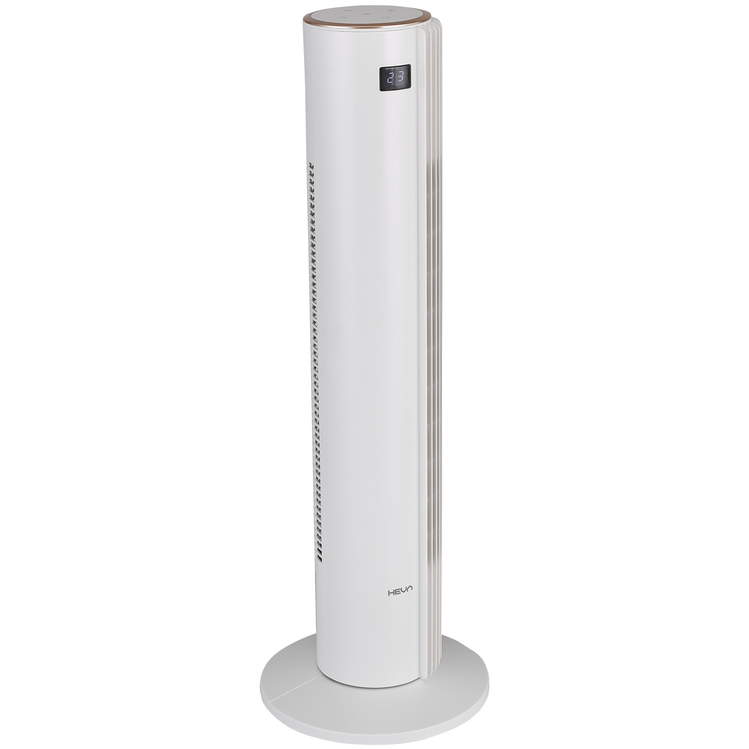 Biały wentylator wieżowy z cyfrowym wyświetlaczem stoi na okrągłej podstawie.