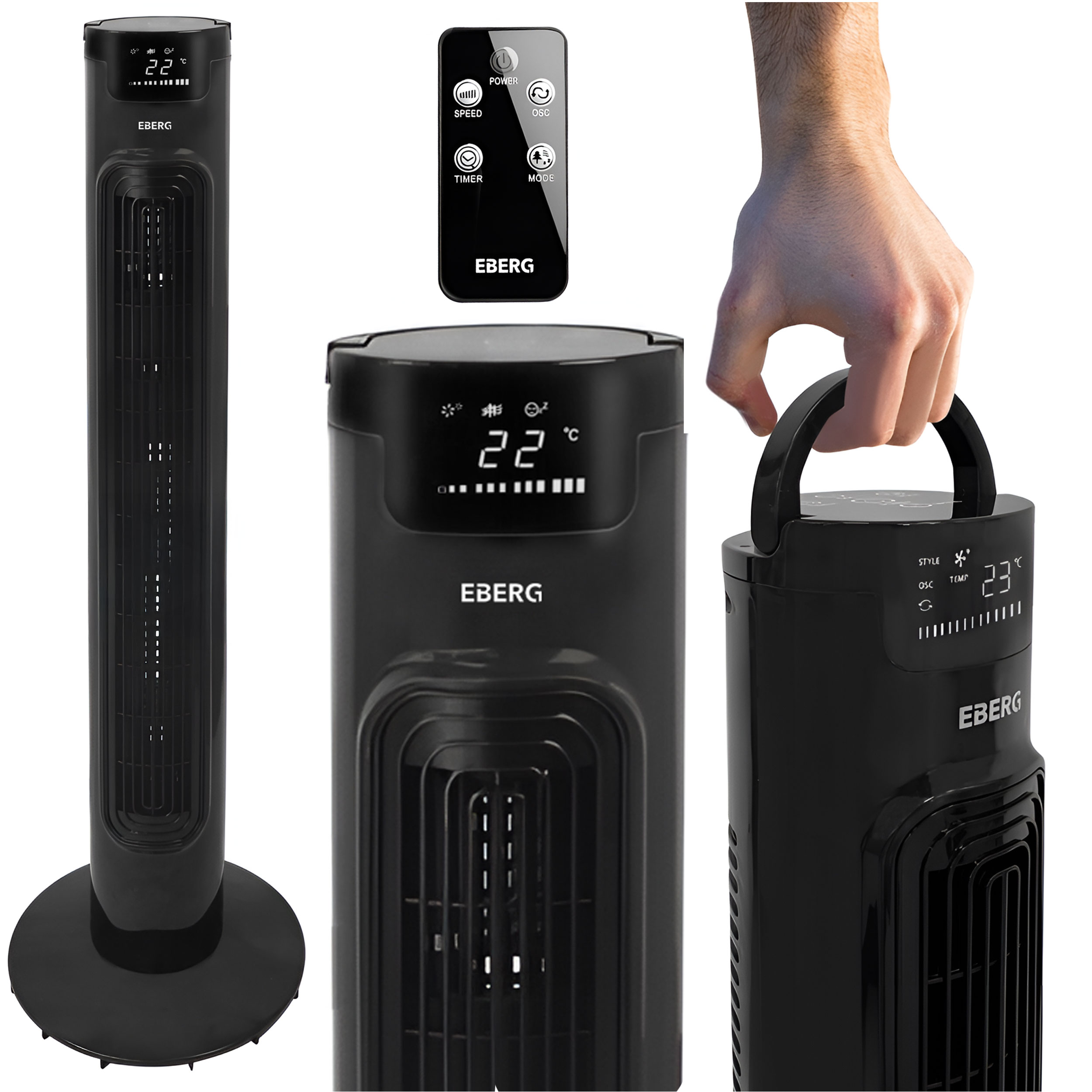Czarny wentylator wieżowy z pilotem i mężczyzna niosący go.
