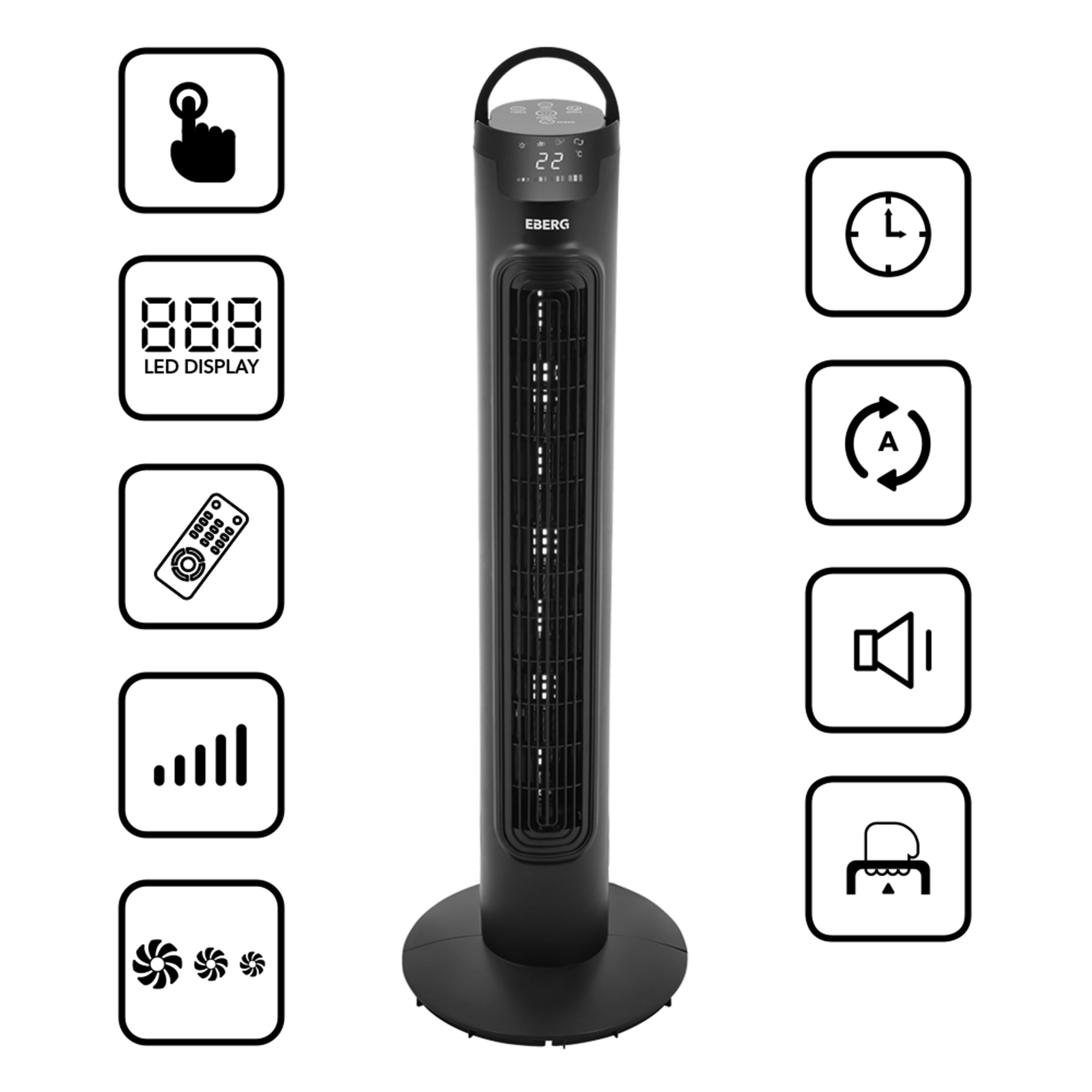 Czarny wentylator wieżowy z ikonami timera, pilota, głośności i prędkości wentylatora.