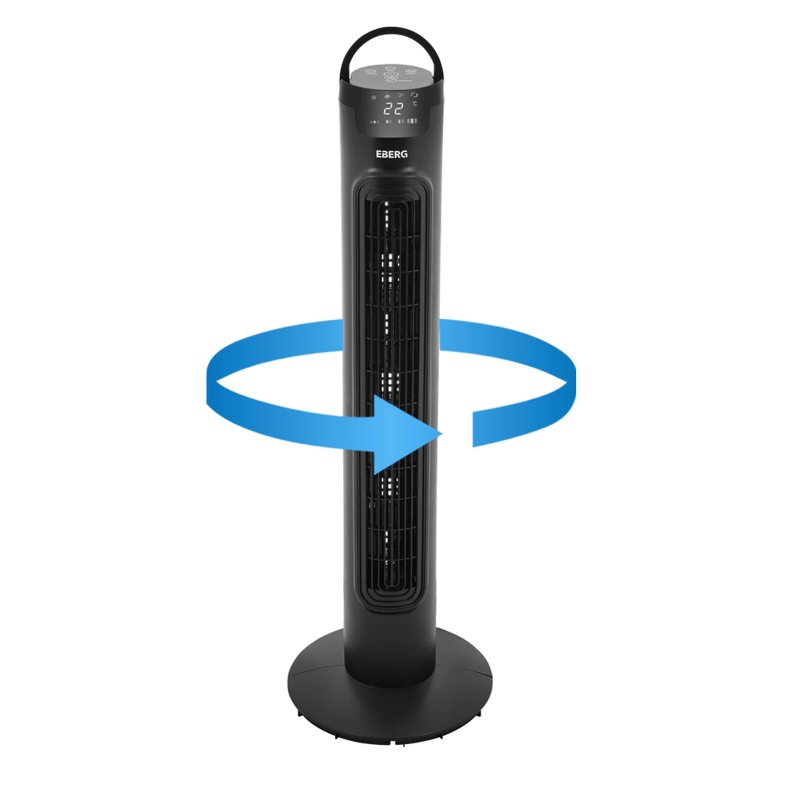 Czarny wentylator wieżowy z niebieską strzałką wskazującą obrót.