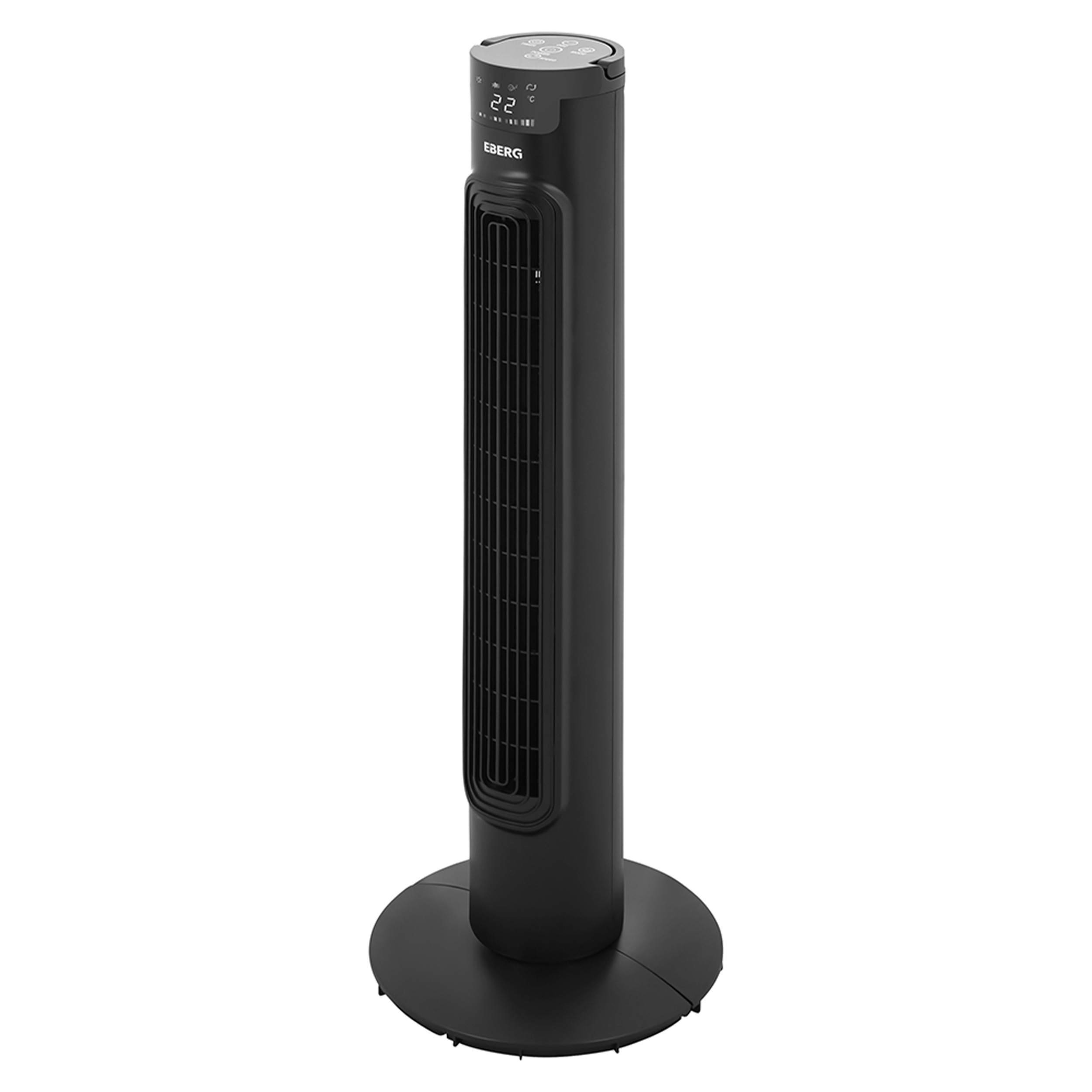 Czarny wentylator wieżowy z cyfrowym wyświetlaczem i okrągłą podstawą.