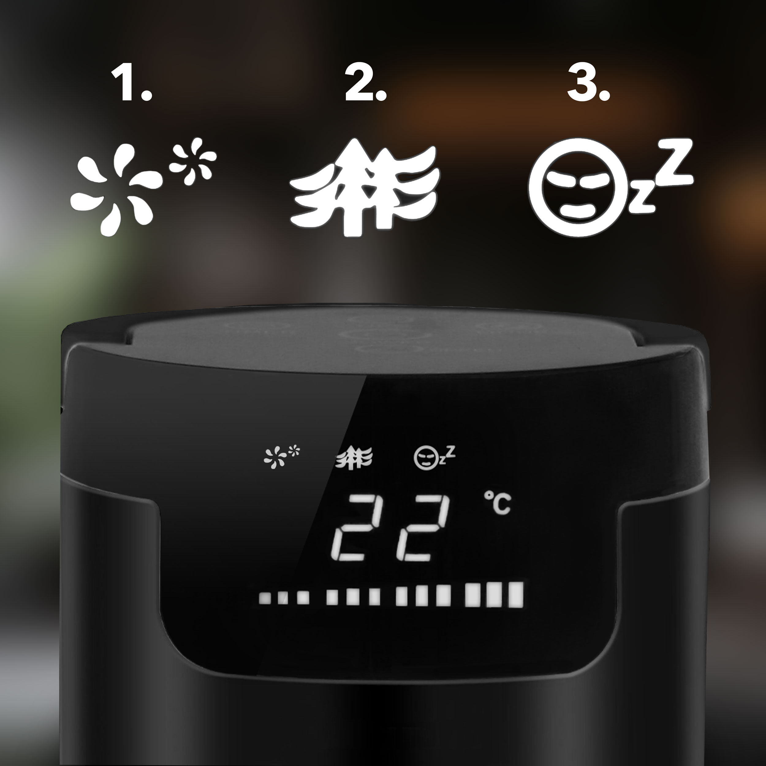 Wyświetlacz urządzenia pokazuje symbole chłodzenia, drzew i snu, z temperaturą 22°C.