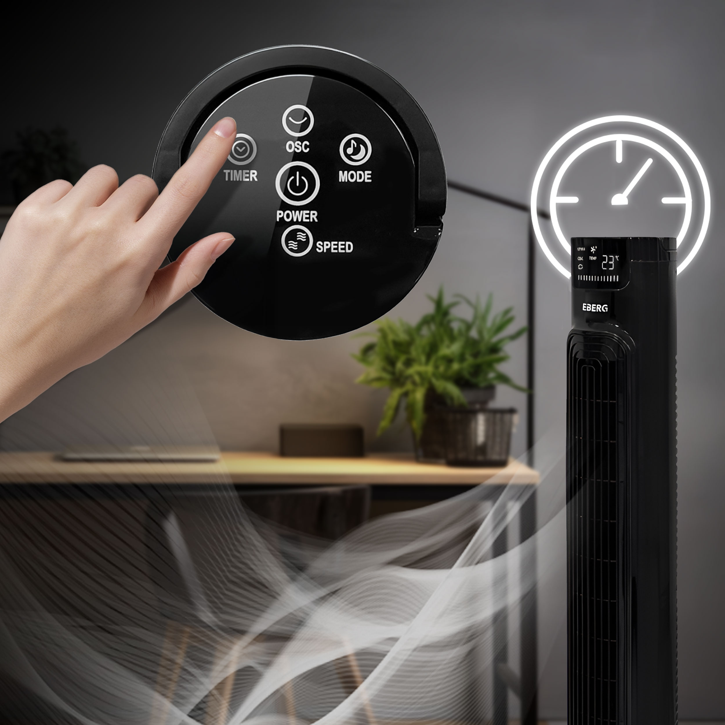 Dłoń dotyka panelu sterowania czarnego wentylatora wieżowego z podświetlanymi ikonami.