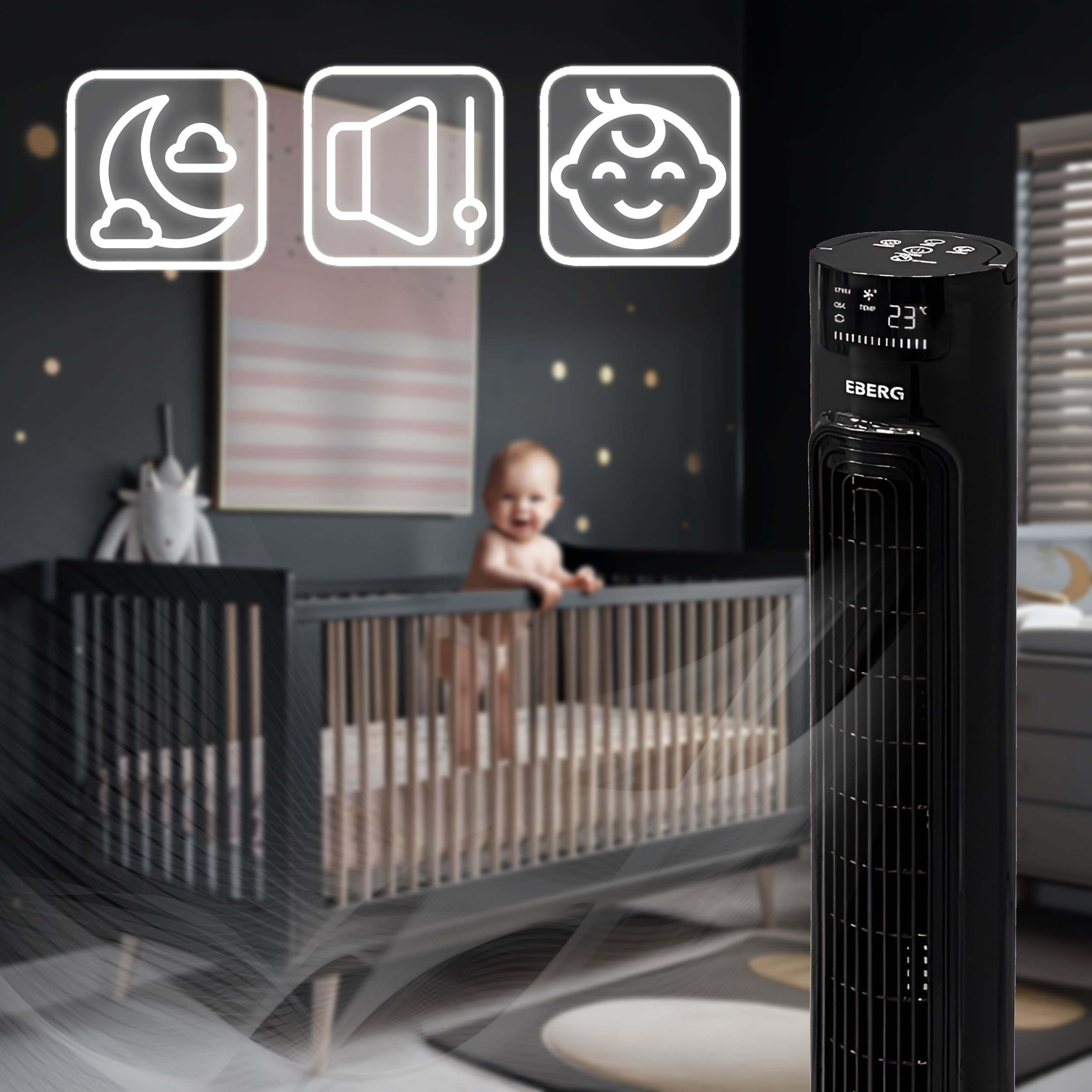 Czarny wentylator wieżowy obok łóżeczka z dzieckiem. Ikony nocy, głośności i dziecka.