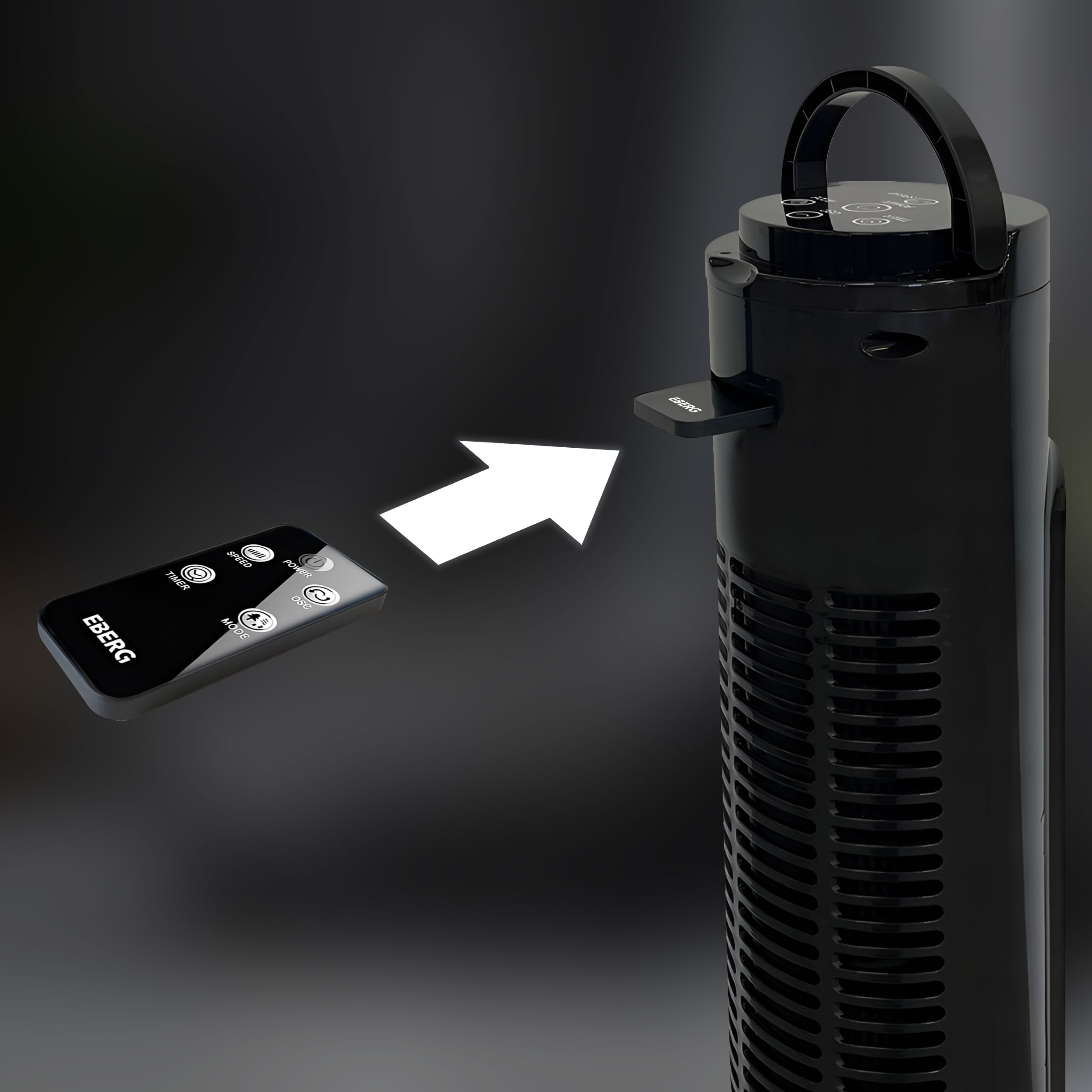 Czarny wentylator wieżowy z pilotem i strzałką.