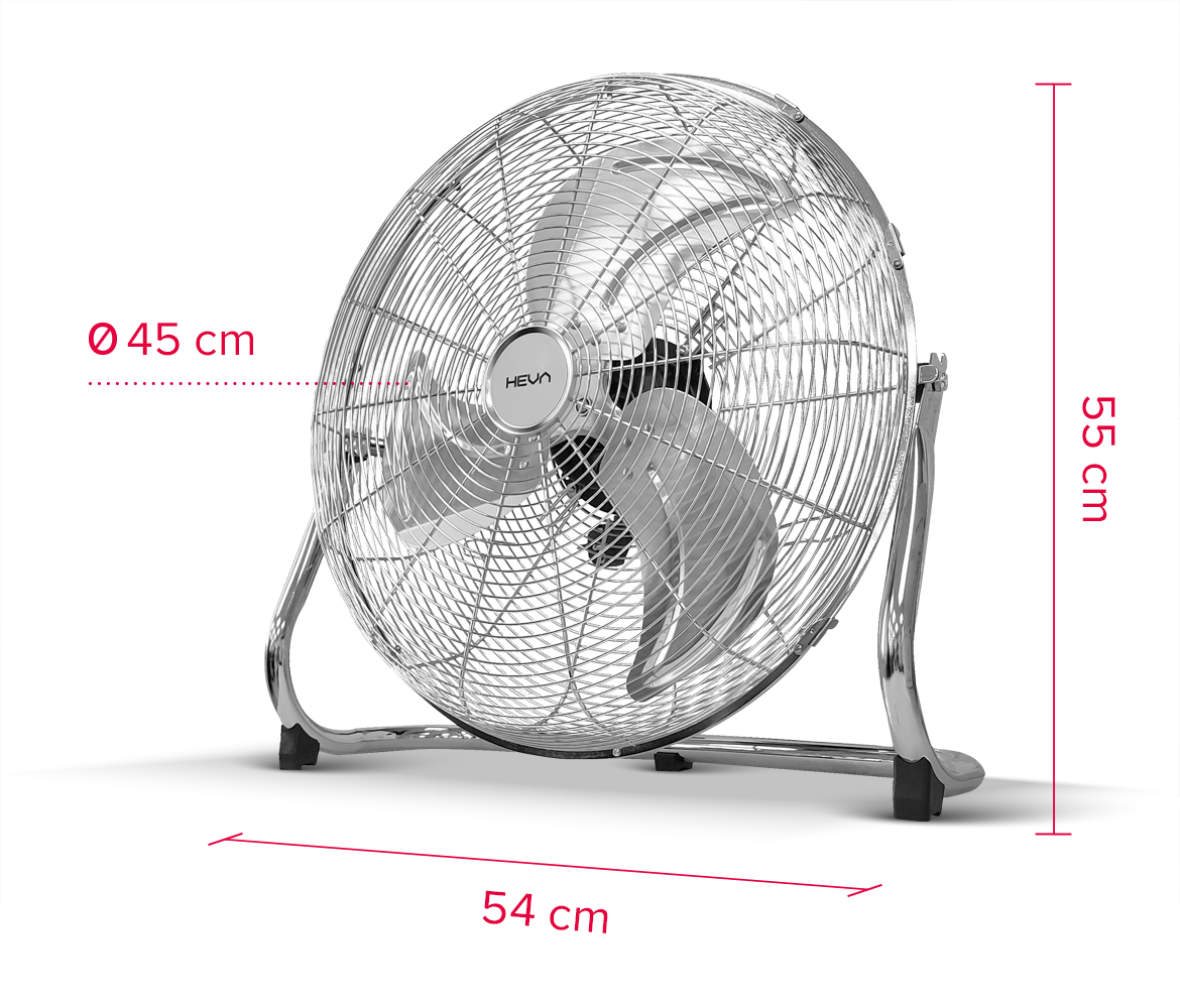 Srebrny wentylator stojący o średnicy 45 cm, szerokości 54 cm i wysokości 55 cm.