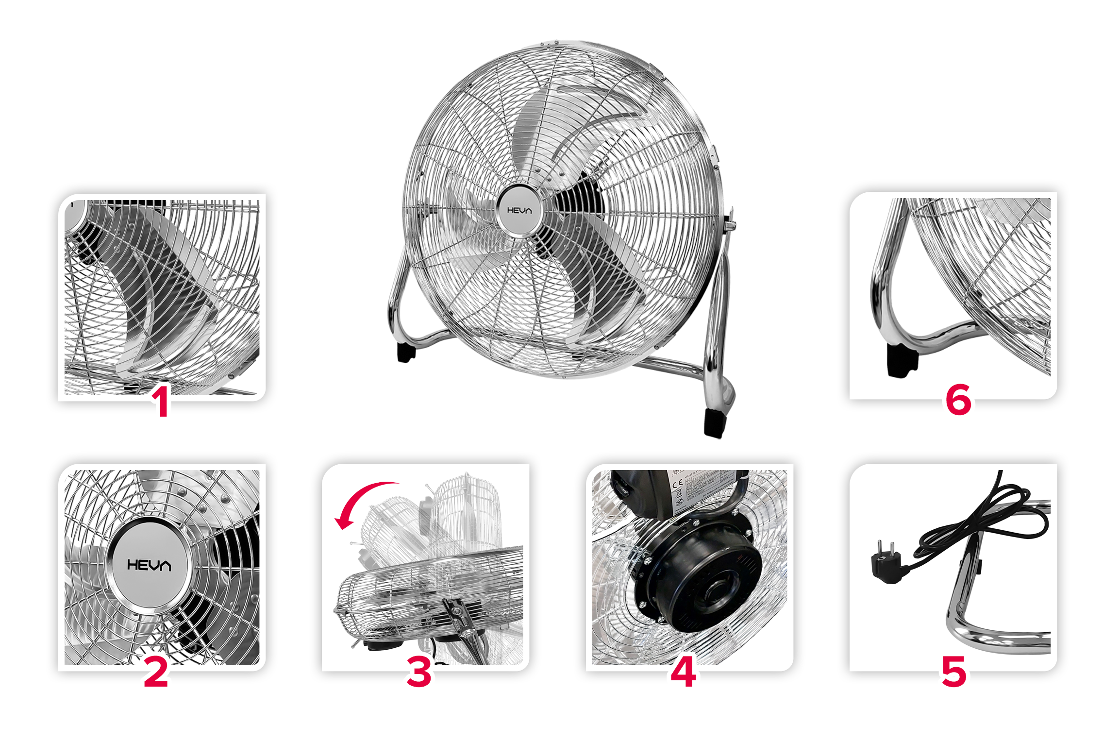 Chromowany wentylator podłogowy z wieloma zbliżeniami: kratka, silnik, kabel i regulacja.