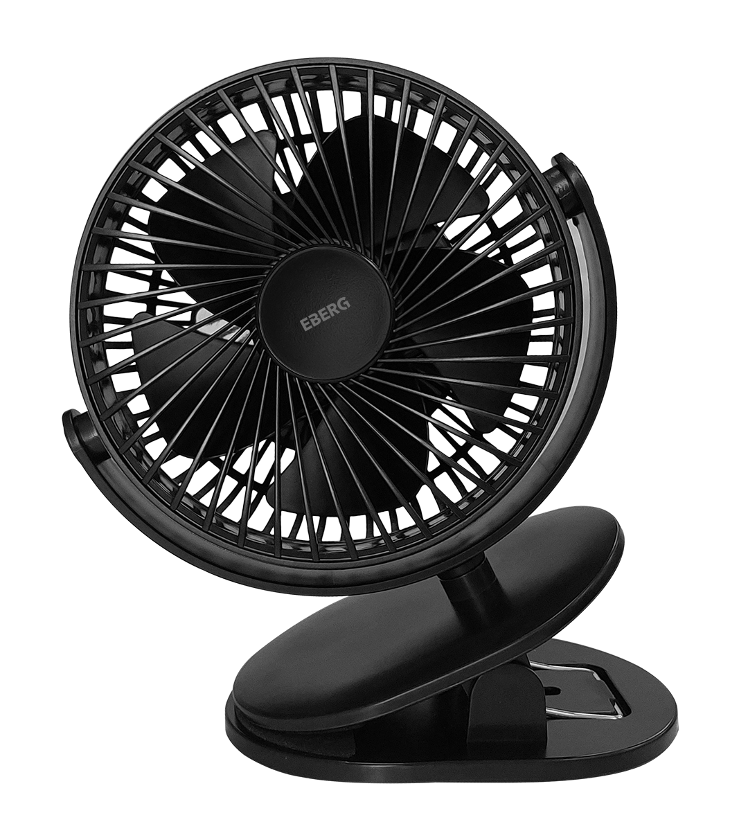 Czarny przenośny wentylator z klipsem stoi na białym tle.