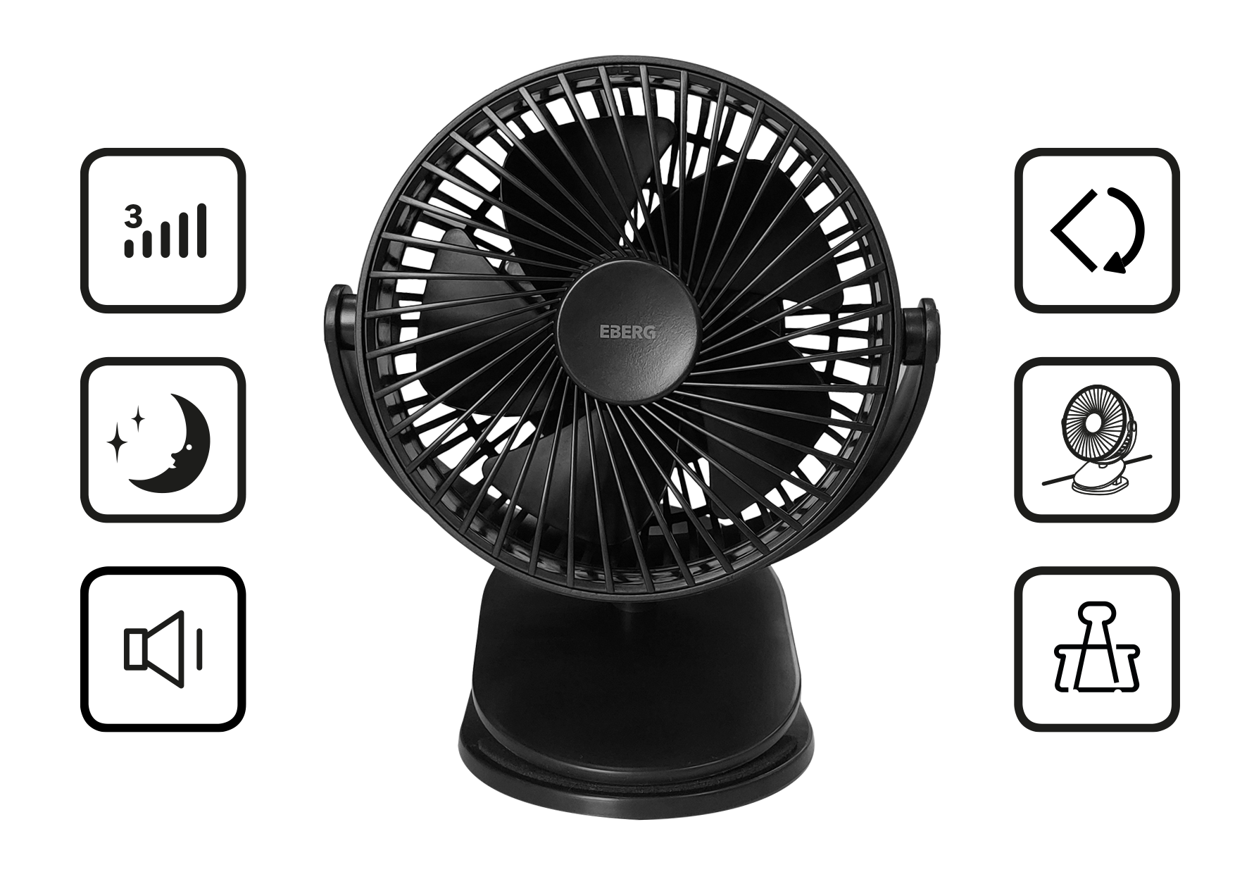 Czarny wentylator z ikonami głośności, trybu nocnego, prędkości wiatru, oscylacji i klipsa.