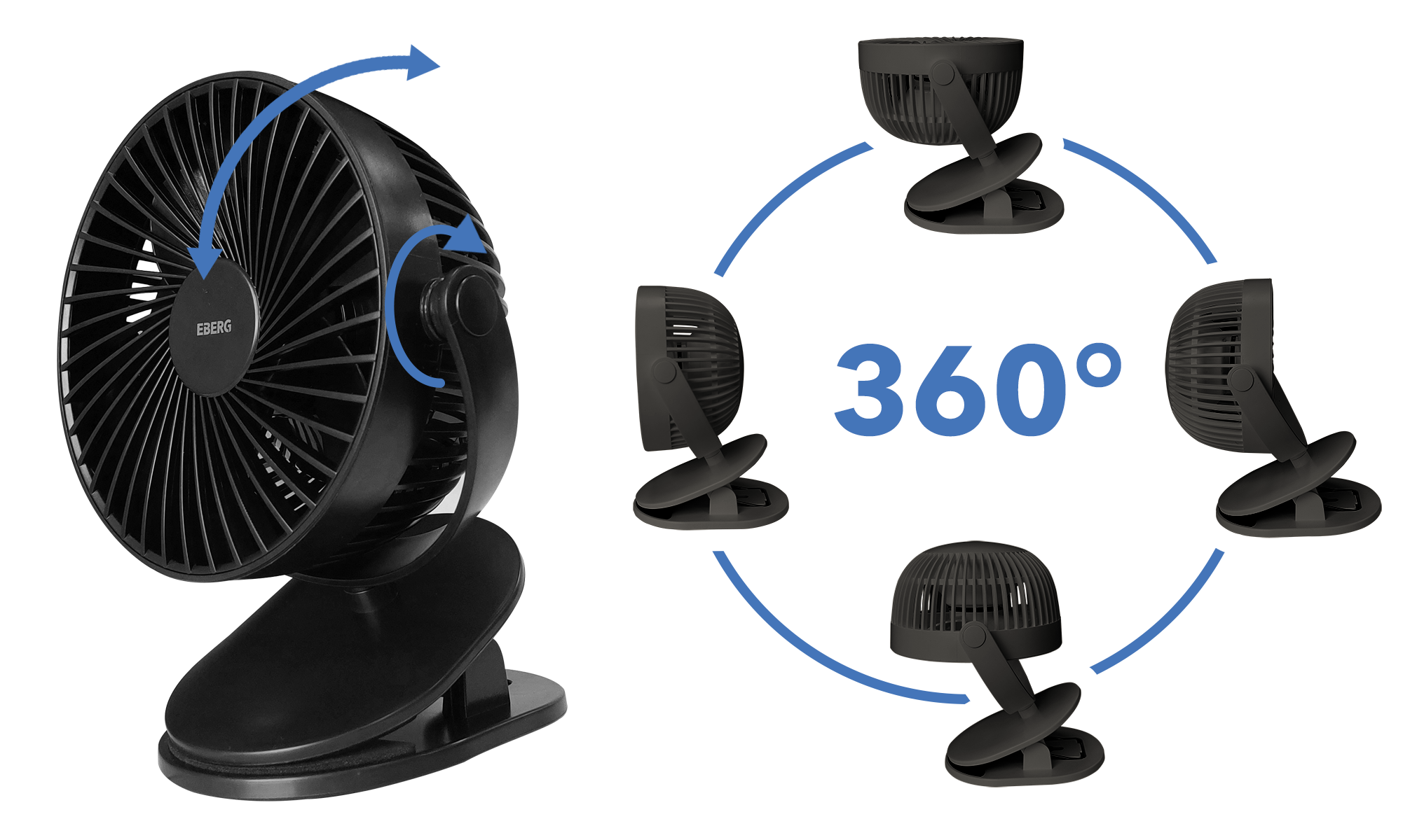 Czarny wentylator na klips pokazany z wielu perspektyw, demonstrujący obrót o 360 stopni.