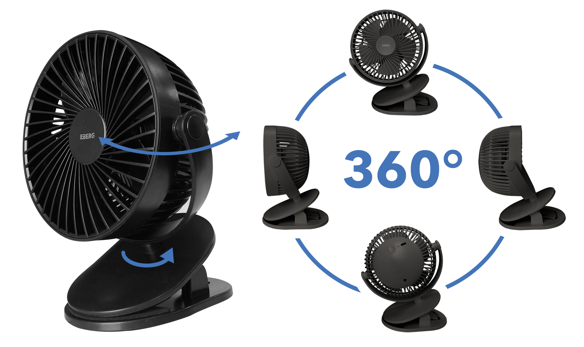 Czarny wentylator na klips pokazany w wielu pozycjach 360 stopni.