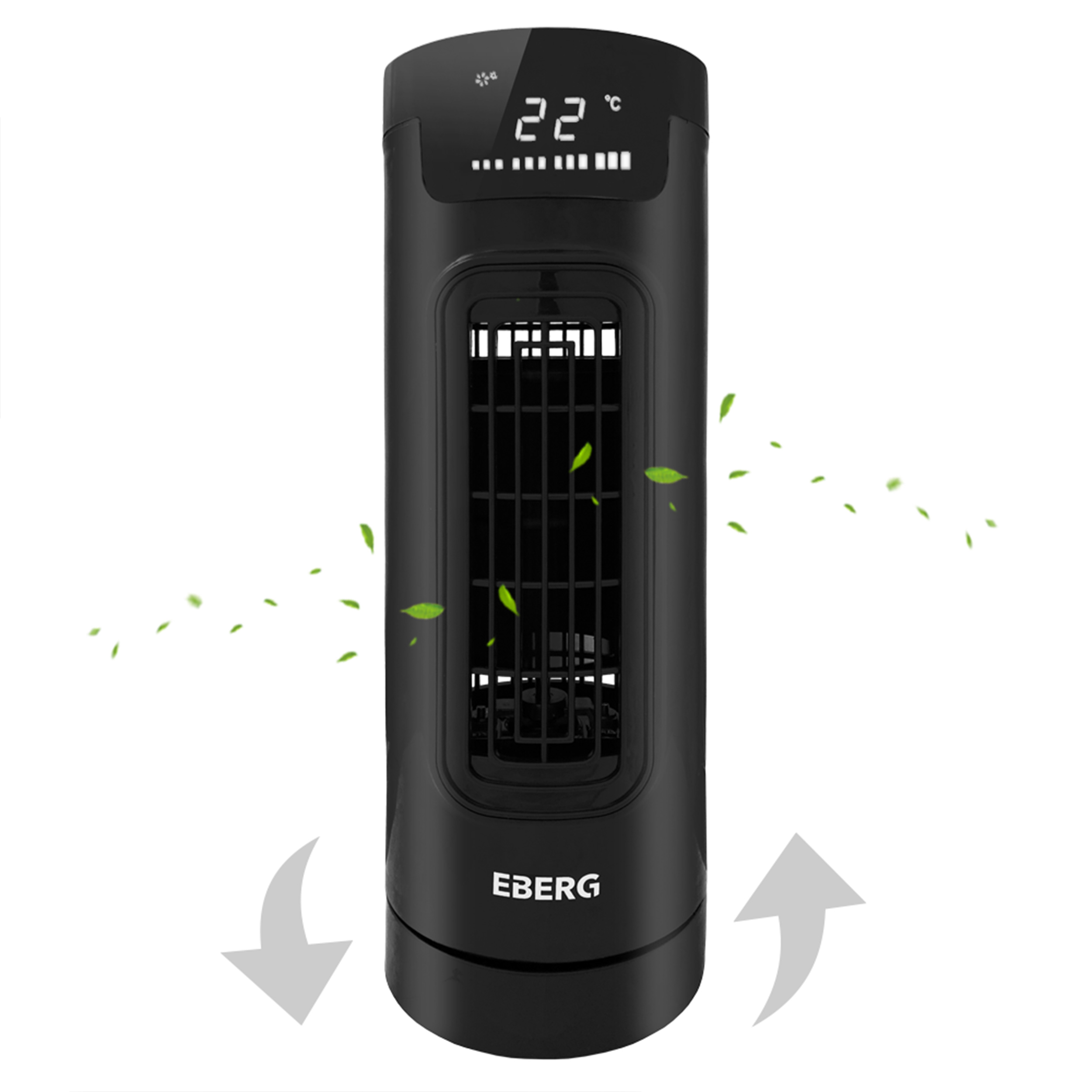 Czarny wentylator wieżowy z cyfrowym wyświetlaczem 22°C i zielonymi liśćmi.
