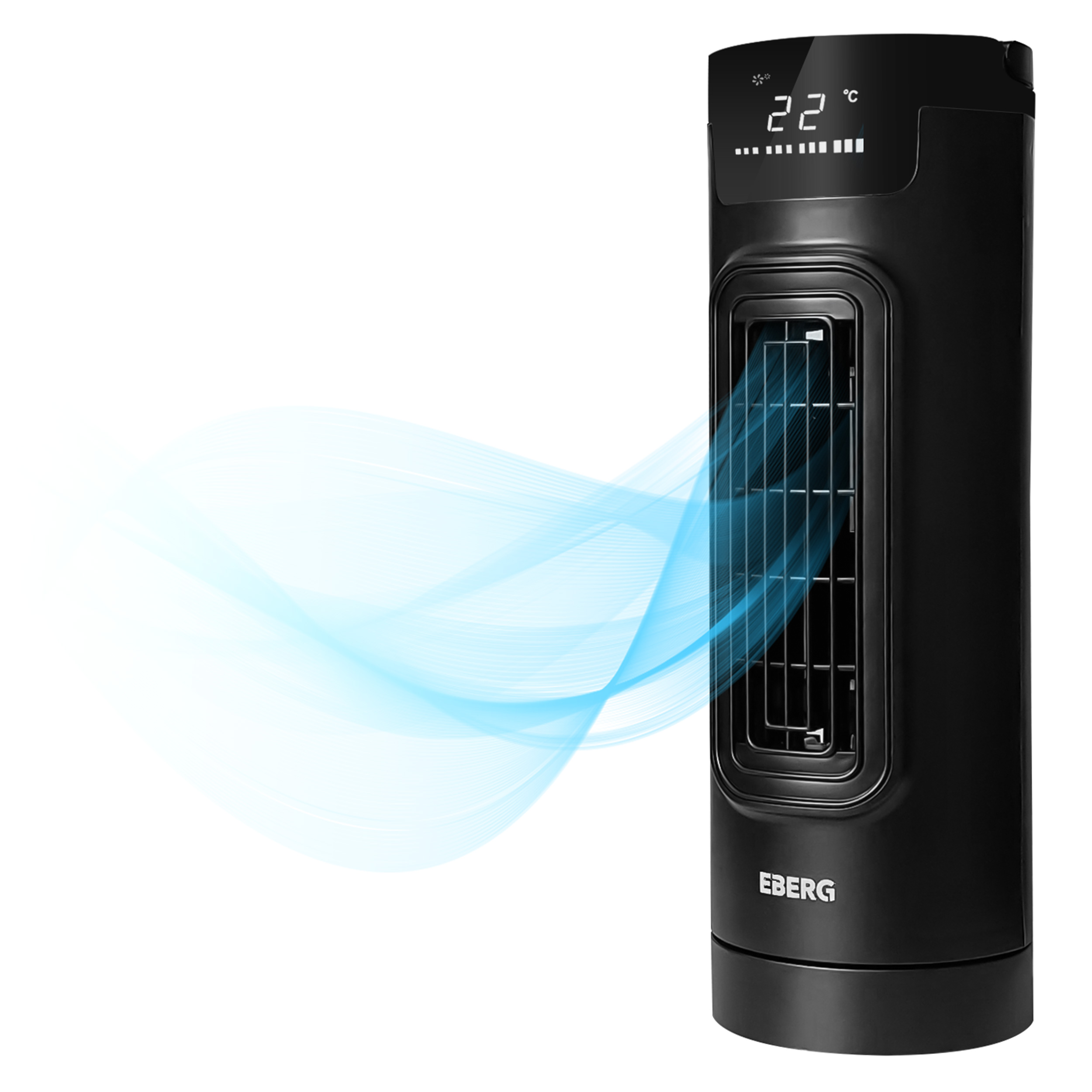 Czarny wentylator wieżowy z niebieskim przepływem powietrza i wyświetlaczem temperatury.