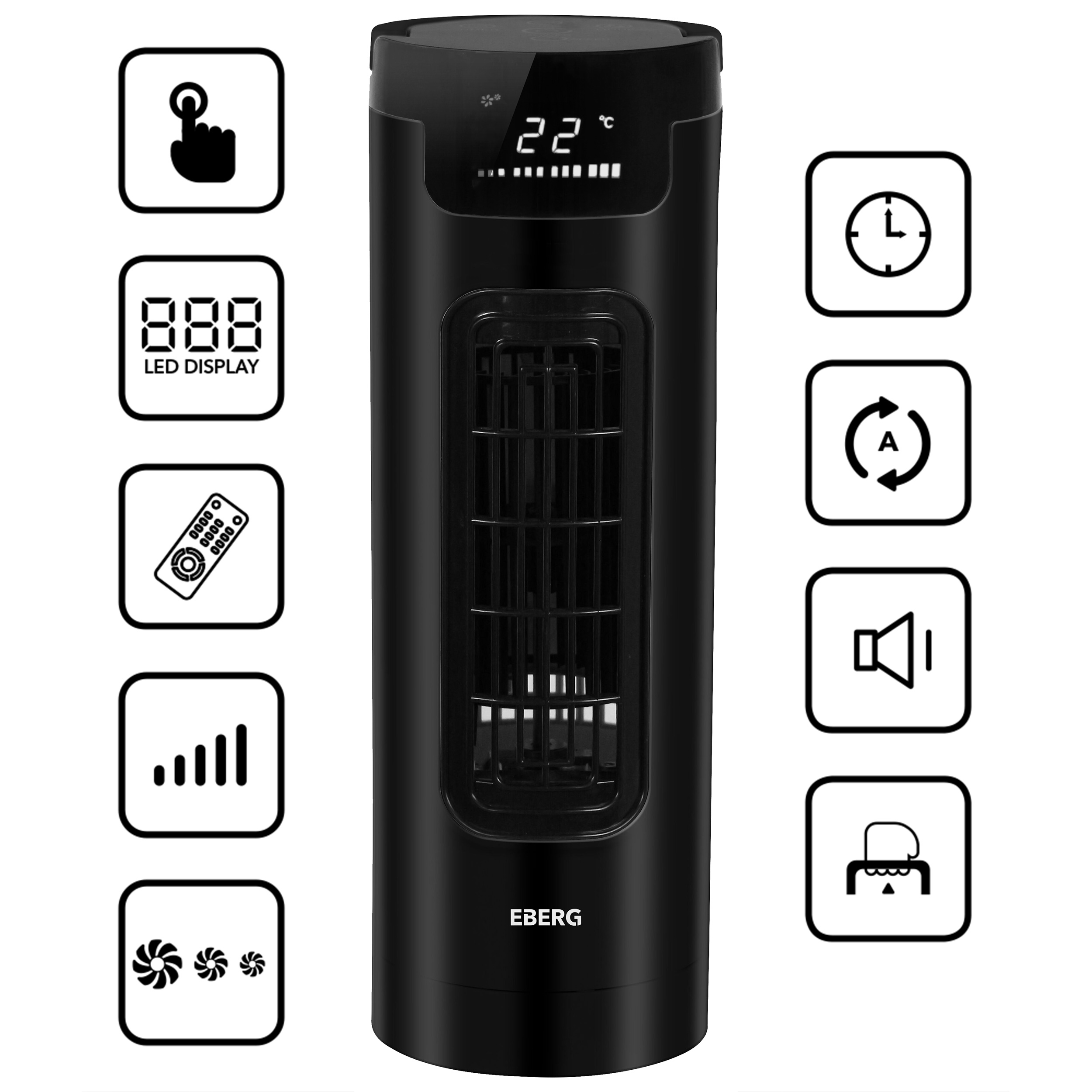Czarny wentylator wieżowy z wyświetlaczem LED, ikonami timera, pilota, głośności, rozmiaru wentylatora.