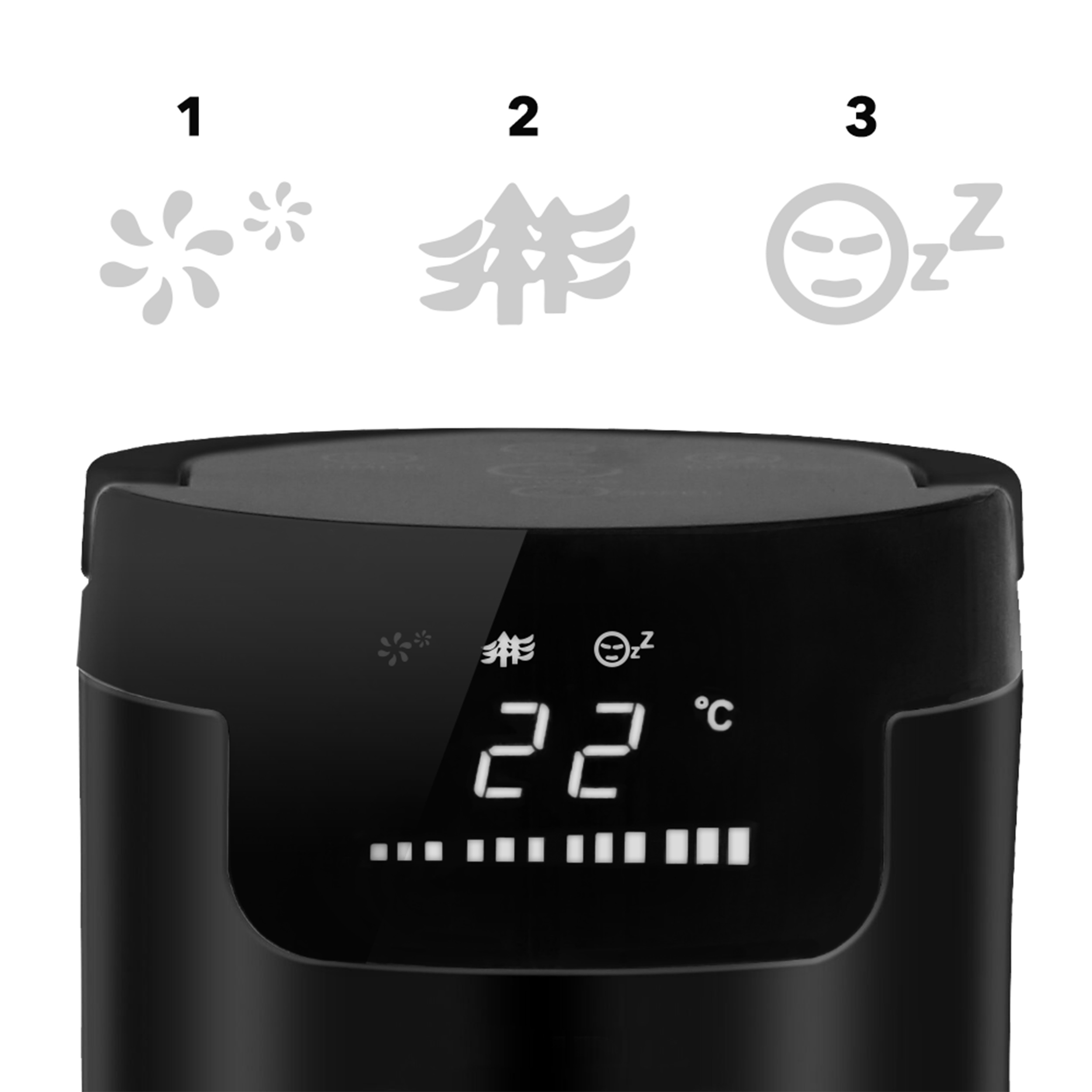 Wyświetlacz pokazuje 22 stopnie Celsjusza z ikonami zimna, drzew i snu.