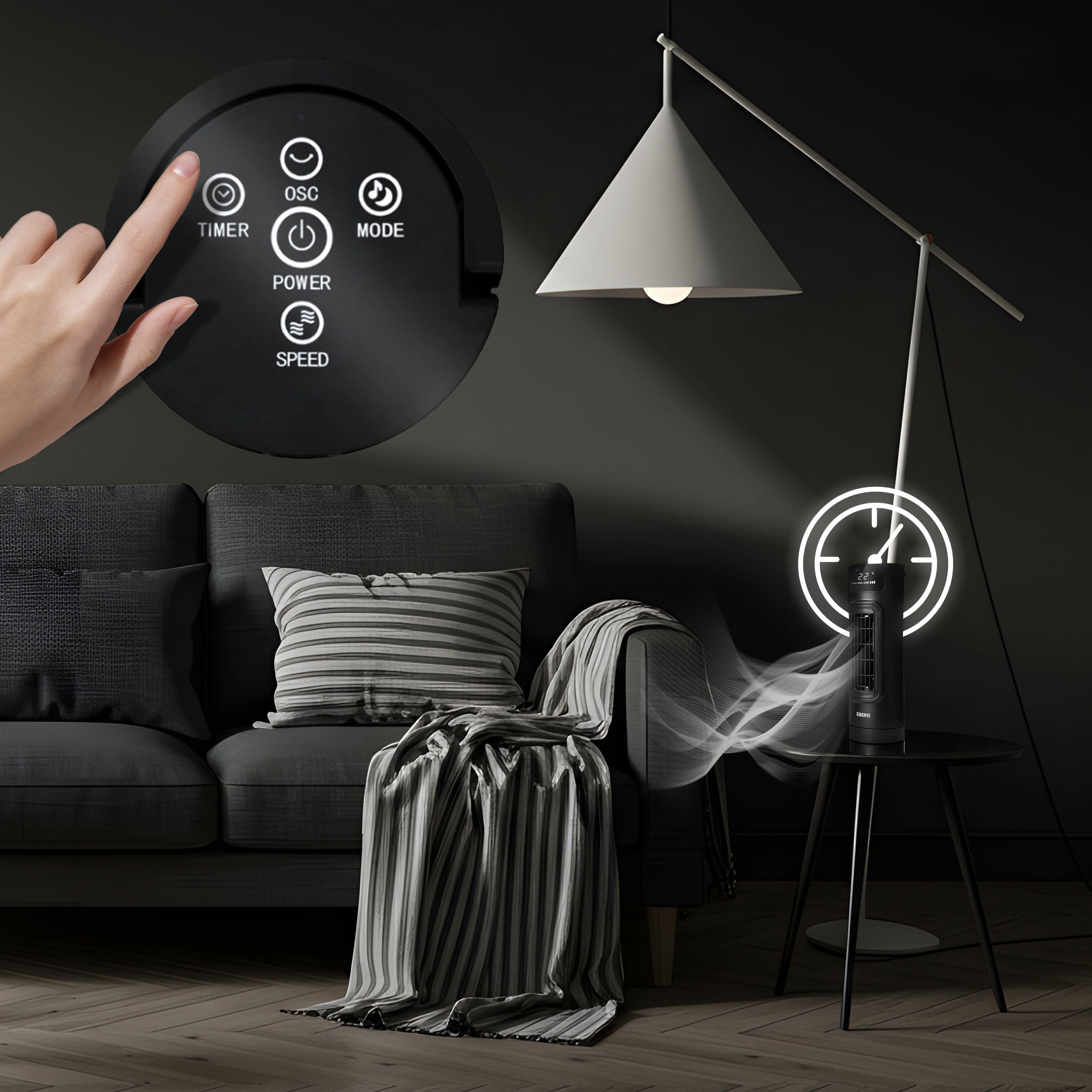 Palec dotyka panelu sterowania. Wentylator wieżowy stoi na stole, wydmuchując powietrze.