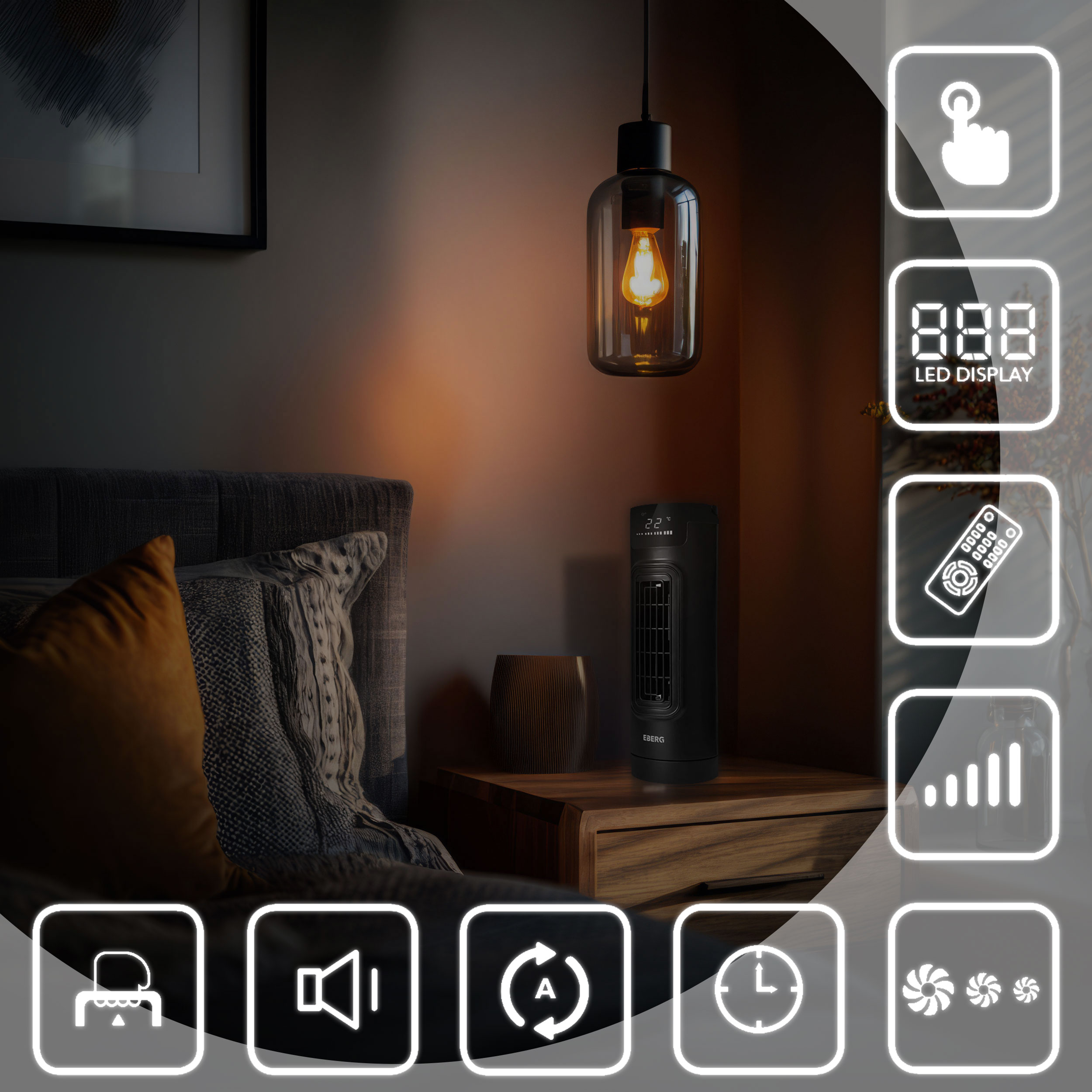 Czarny wentylator wieżowy stoi na szafce nocnej obok łóżka. Widoczne ikony sterowania.