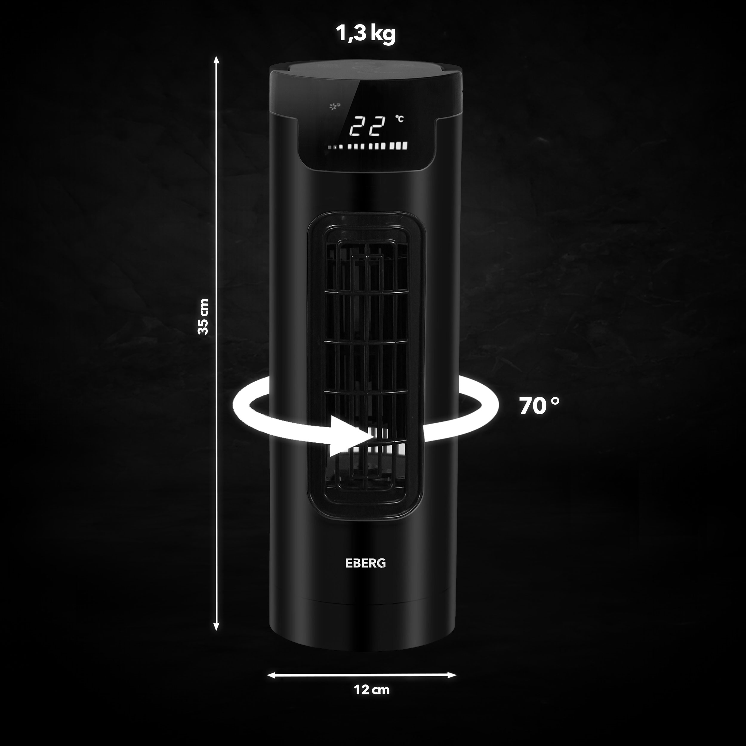 Czarny wentylator wieżowy, wys. 35 cm, szer. 12 cm, 1,3 kg, oscylacja 70°.