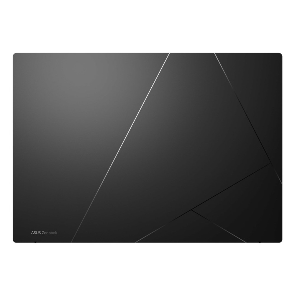 Czarny laptop ASUS Zenbook z geometrycznymi liniami i srebrnym logo.