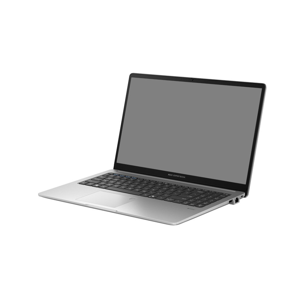 Srebrny laptop Asus Expertbook z otwartym ekranem, pokazującym klawiaturę.